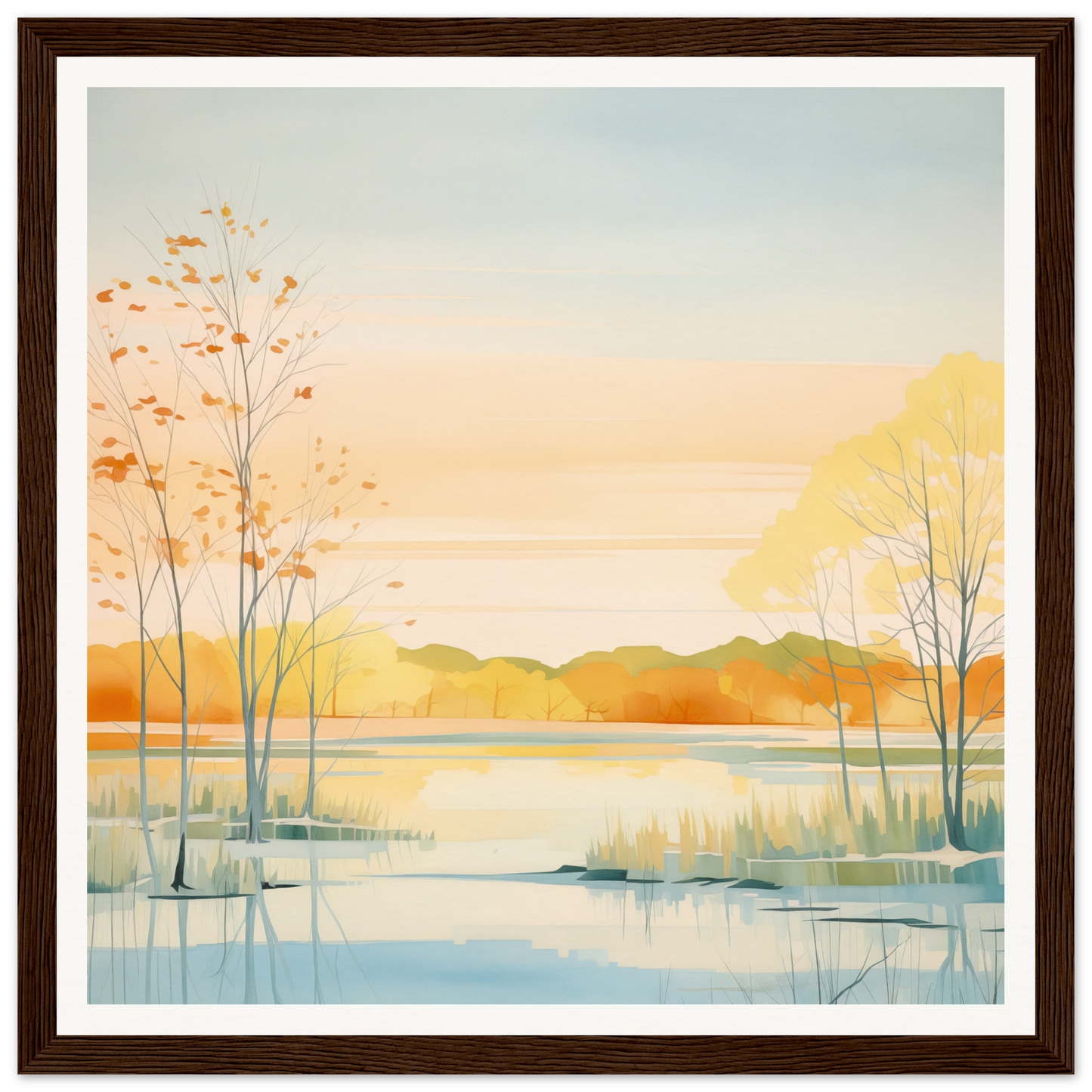 Watercolor autumn lakeside landscape framed poster for cozy nursery wall art decor