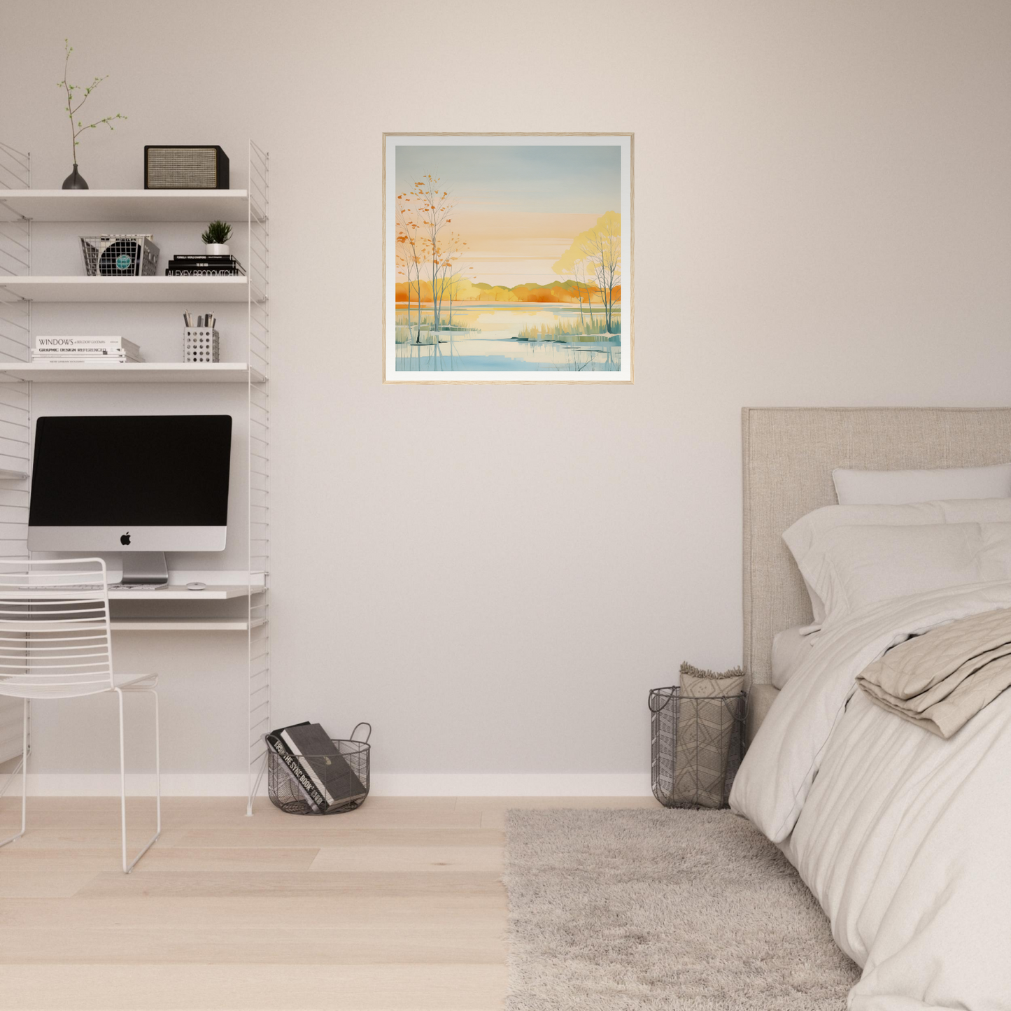 Minimalist bedroom workspace with iMac and floating shelves perfect for nursery decor
