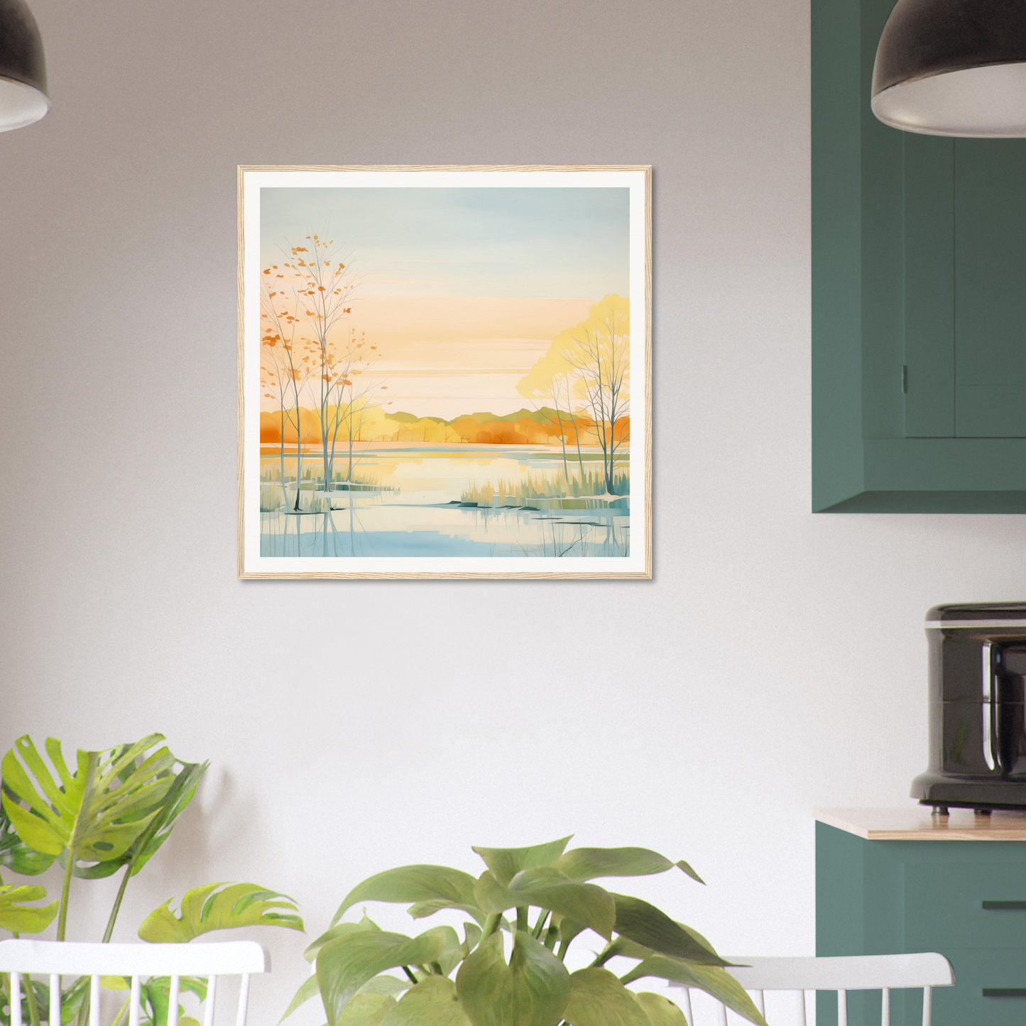 Framed watercolor sunset landscape painting for nursery wall art and decor