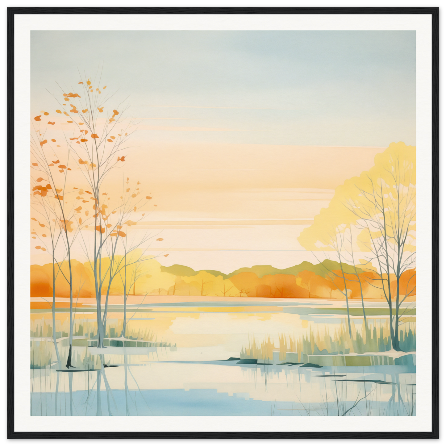 Watercolor landscape painting of a sunset lake with autumn trees, perfect nursery decor