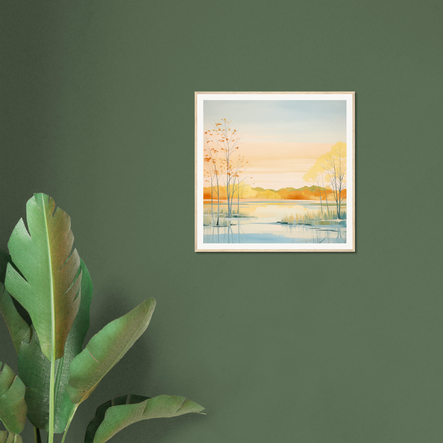 Framed watercolor sunset over lake print, perfect nursery wall art or decor