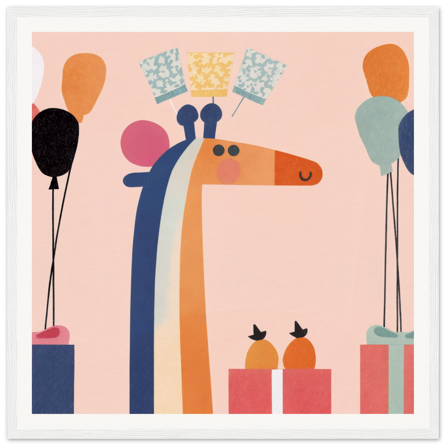 Stylized orange and blue giraffe with decorative banners for nursery wall art product181