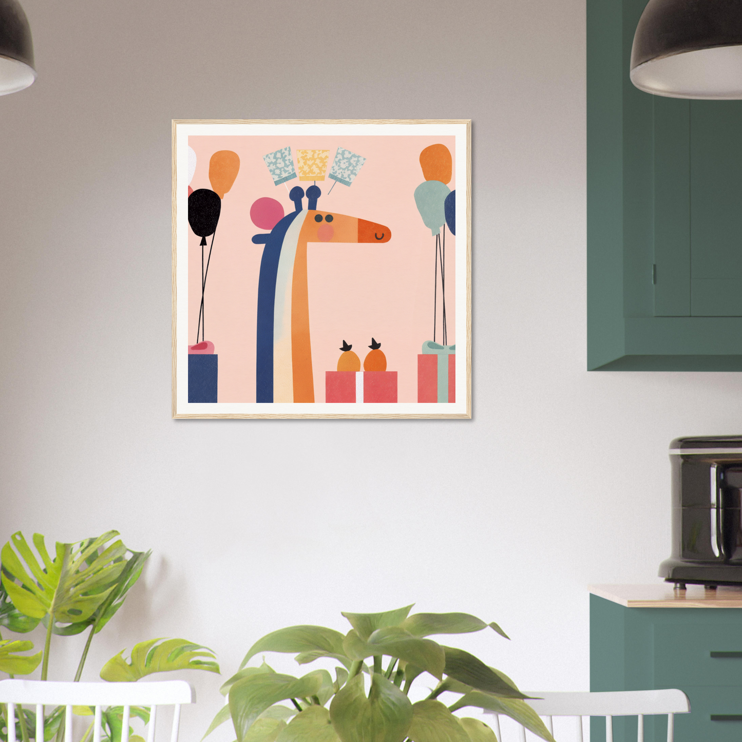 Framed abstract art print with colorful shapes, perfect for nursery wall art or decor