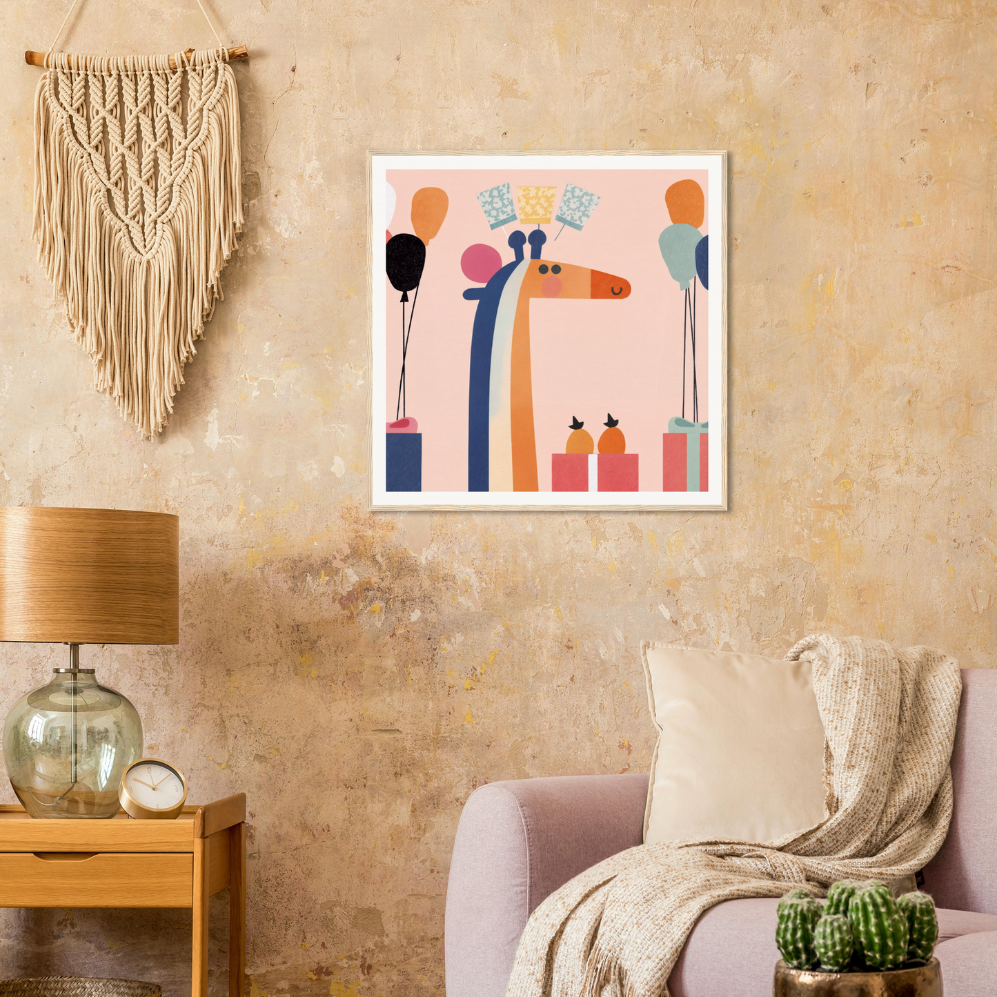 Modern abstract giraffe art print in pink and blue for nursery wall decor