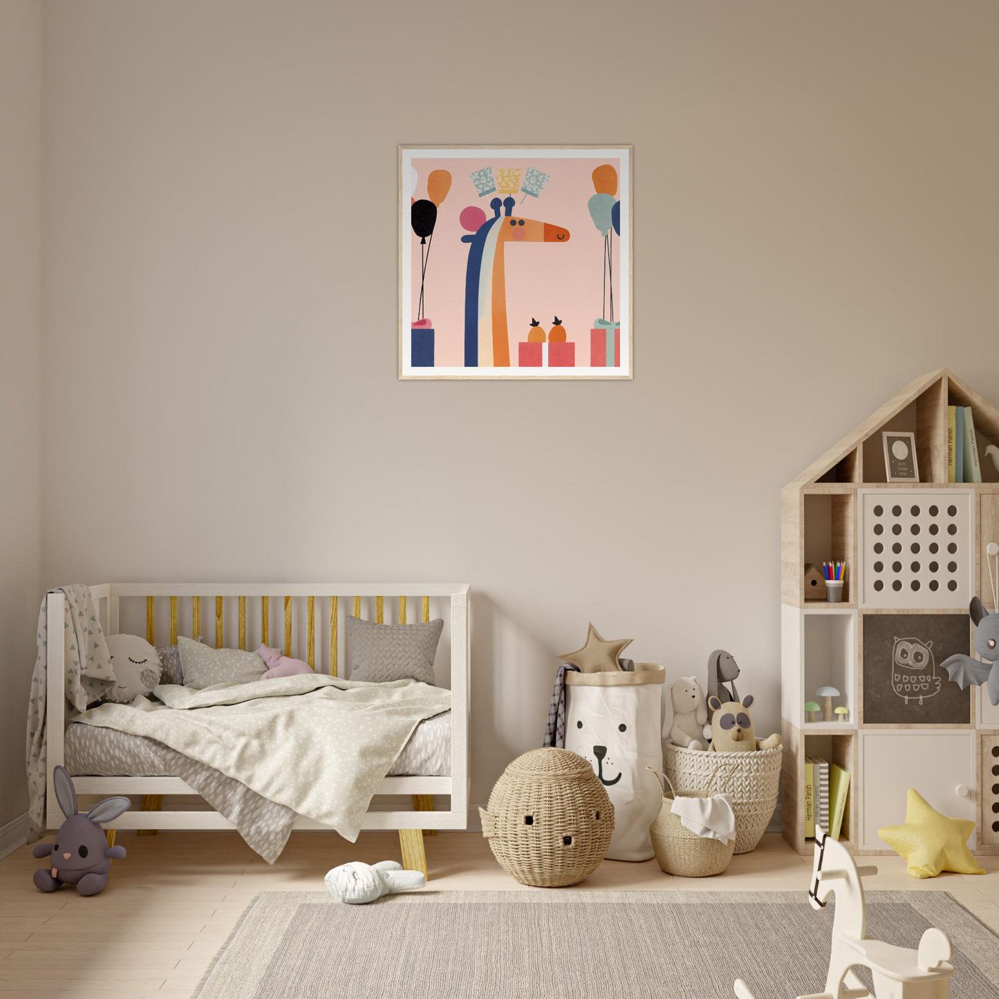 Stylish White Wooden Crib with Gray Bedding and Yellow Accents for Nursery Decor