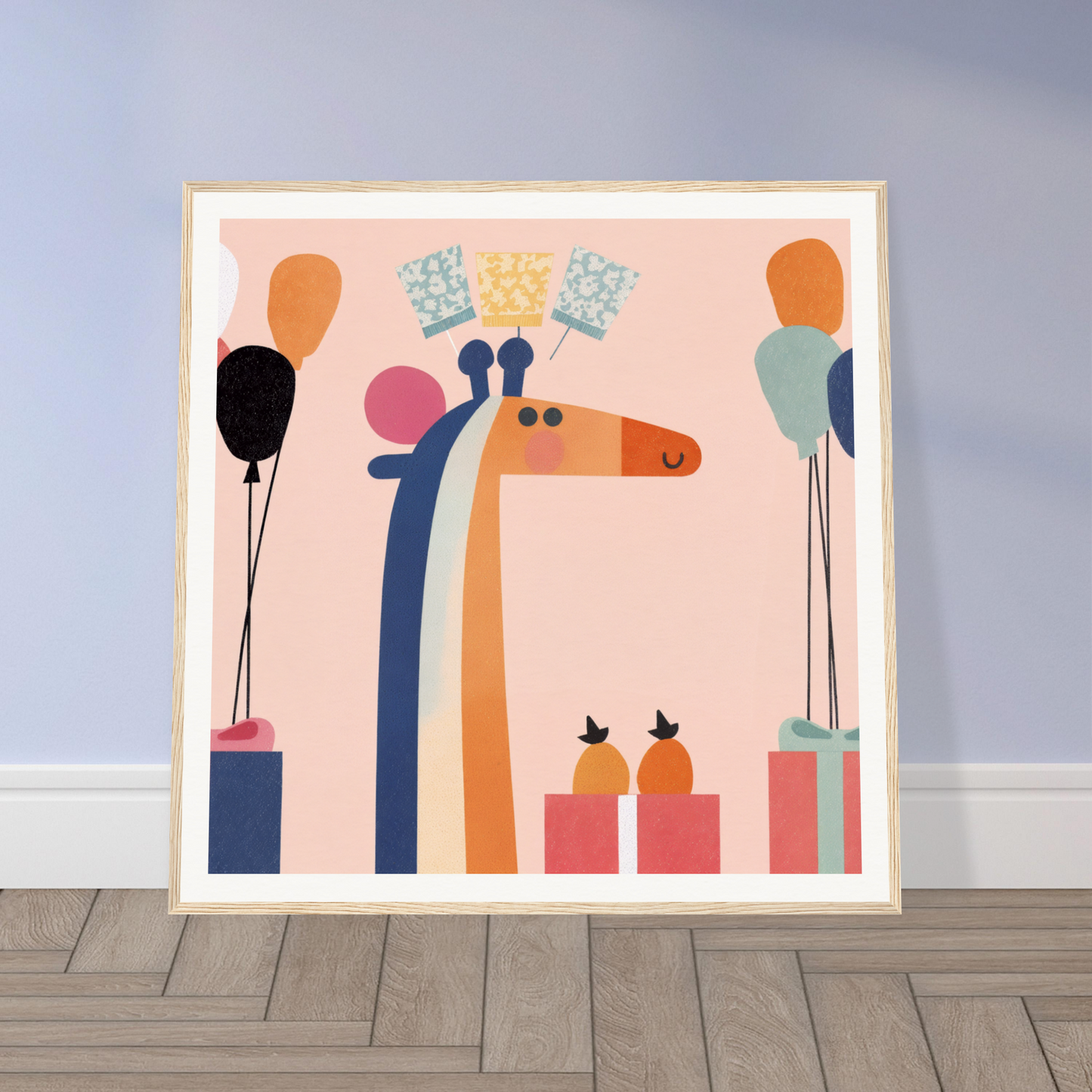 Colorful giraffe with balloons and gifts, perfect for nursery wall art or decor