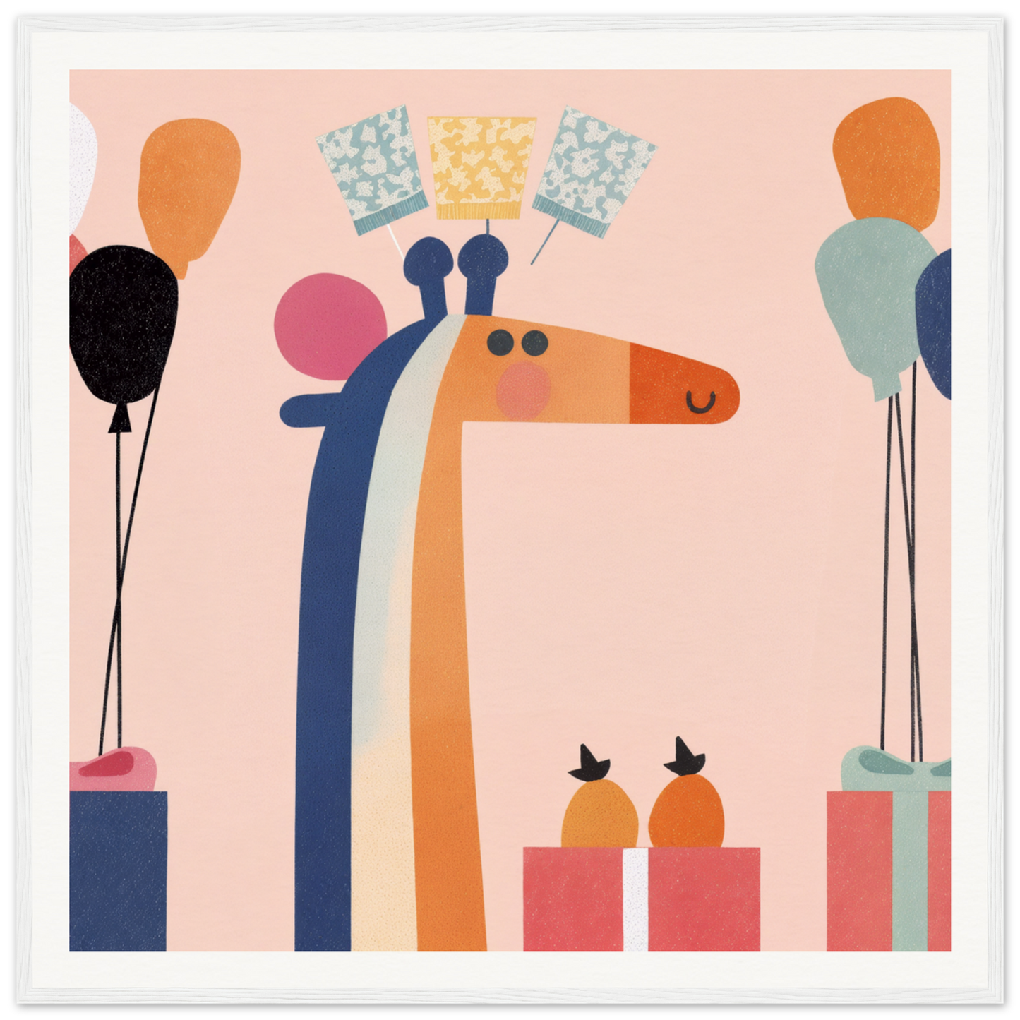 Stylized orange and blue giraffe wall art for cute nursery decor, perfect framed poster