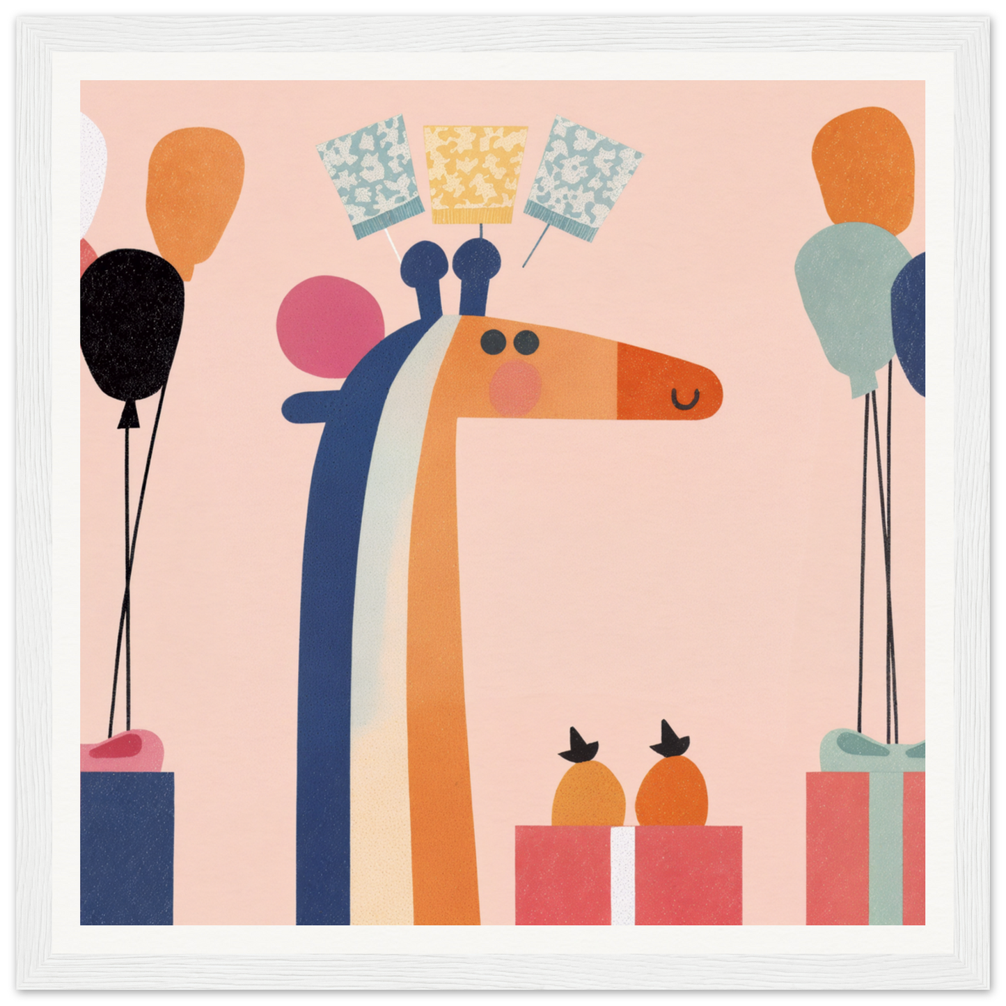 Stylized orange and blue giraffe with decor, perfect for nursery wall art or decor
