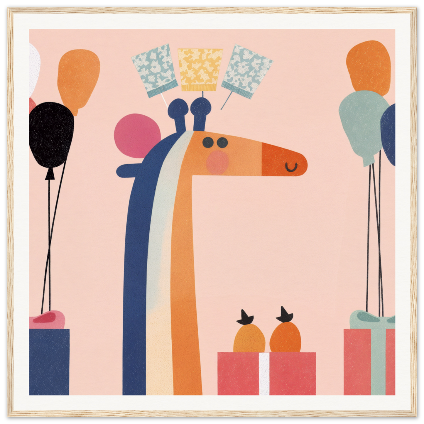 Colorful giraffe with blue horns and peach neck, perfect for nursery wall art decor