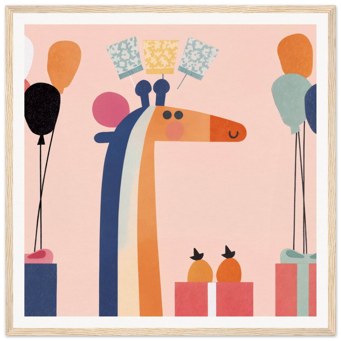Stylized giraffe with blue and orange neck in framed poster for nursery decor