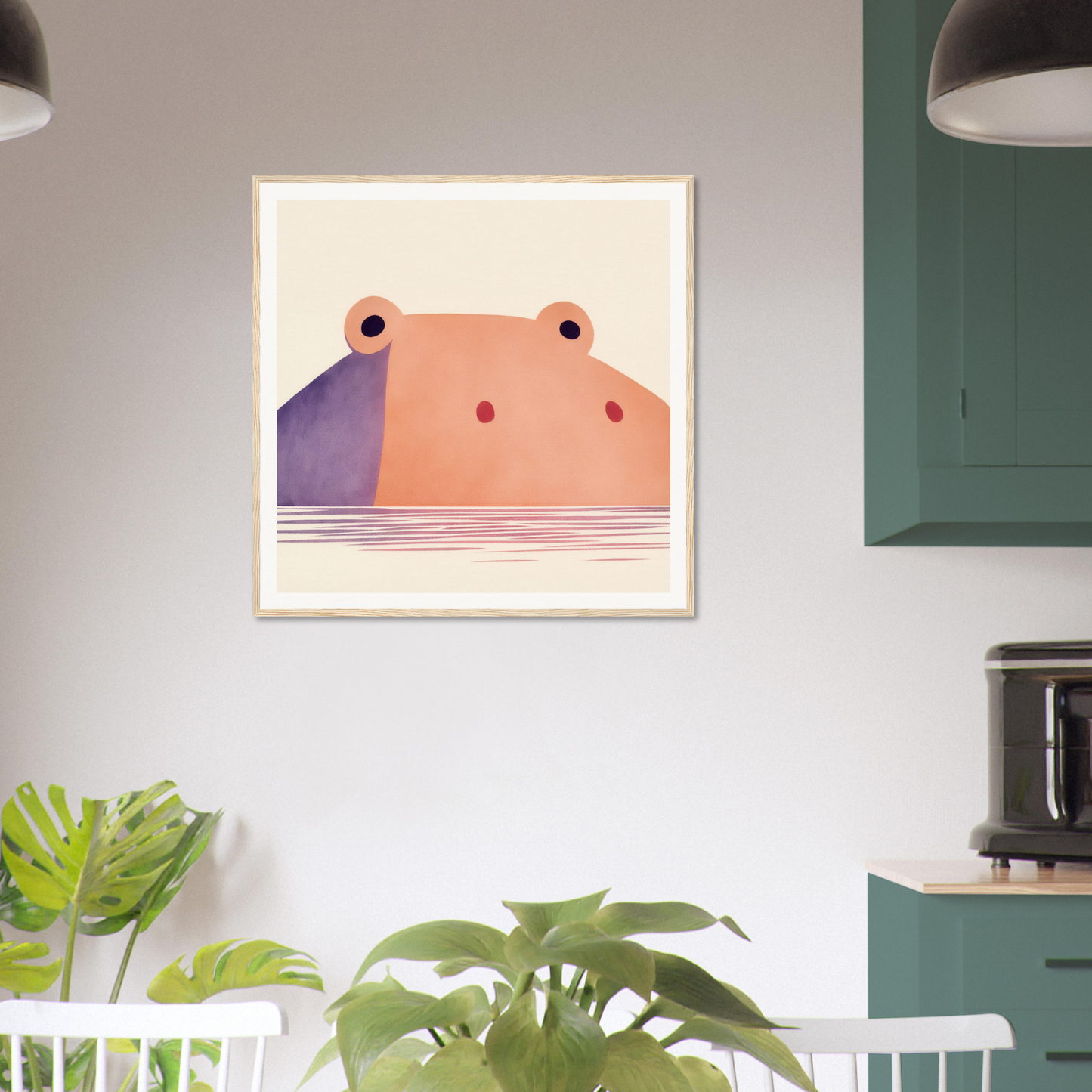 Minimalist hippo illustration peeking from water, perfect for nursery wall art or decor