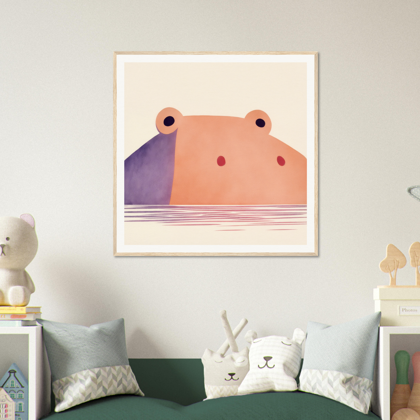 Minimalist hippo illustration for nursery wall art or framed poster decor