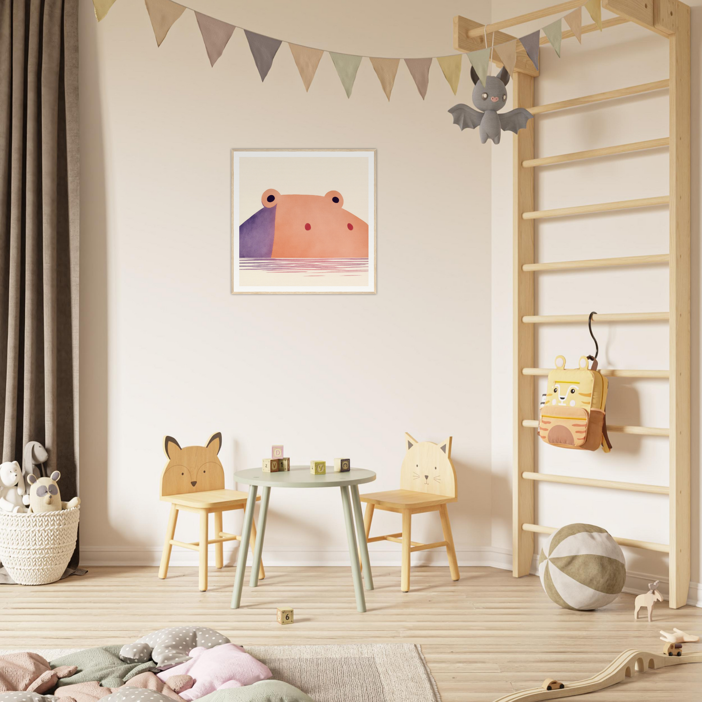 Colorful children’s play area featuring animal chairs and mint green table for nursery decor