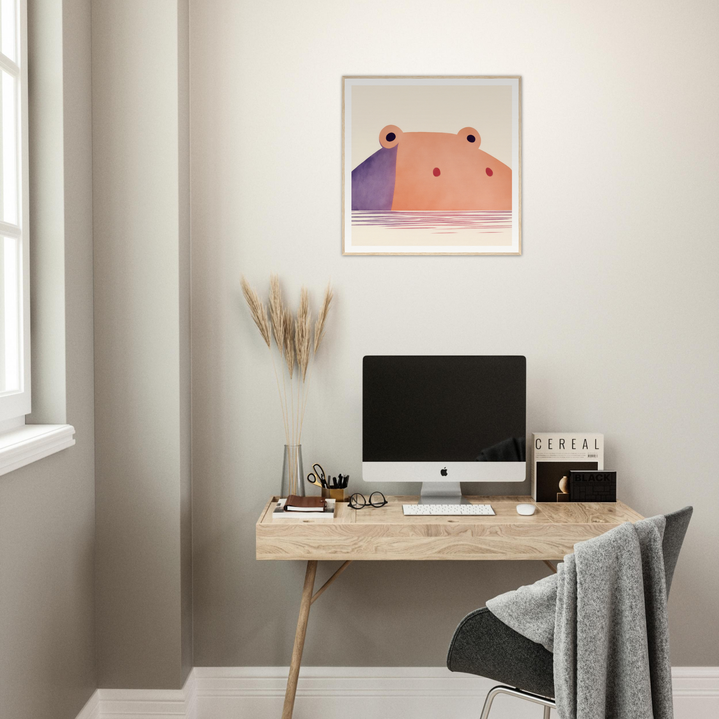 Simple wooden desk with iMac, perfect for creating nursery decor or framed poster ideas