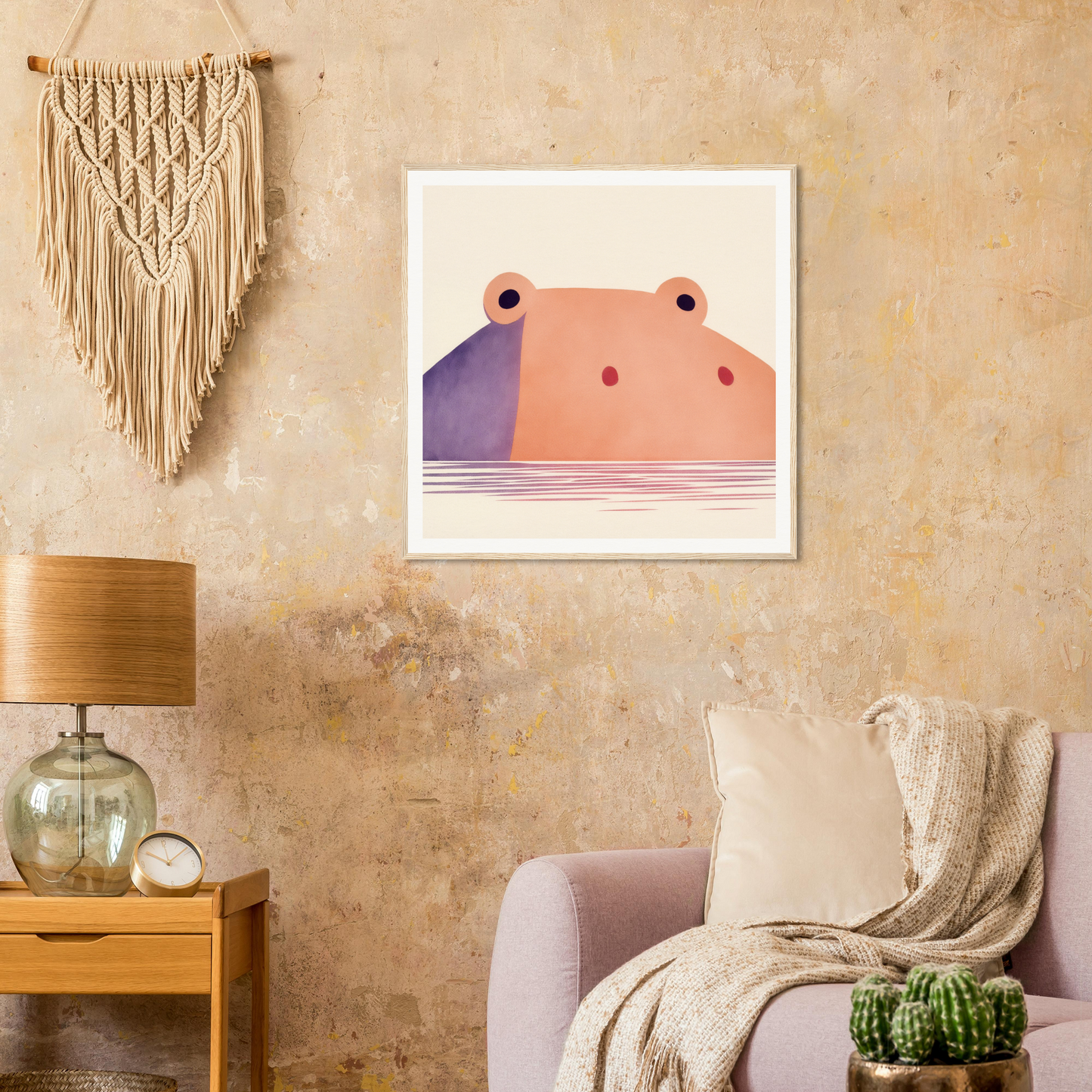 Whimsical pink hippo peeking from water, perfect for nursery wall art or decor