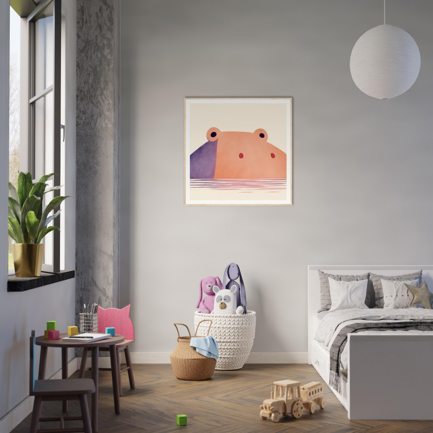 Modern bedroom featuring whimsical hippo nursery wall art on gray wall, perfect for decor