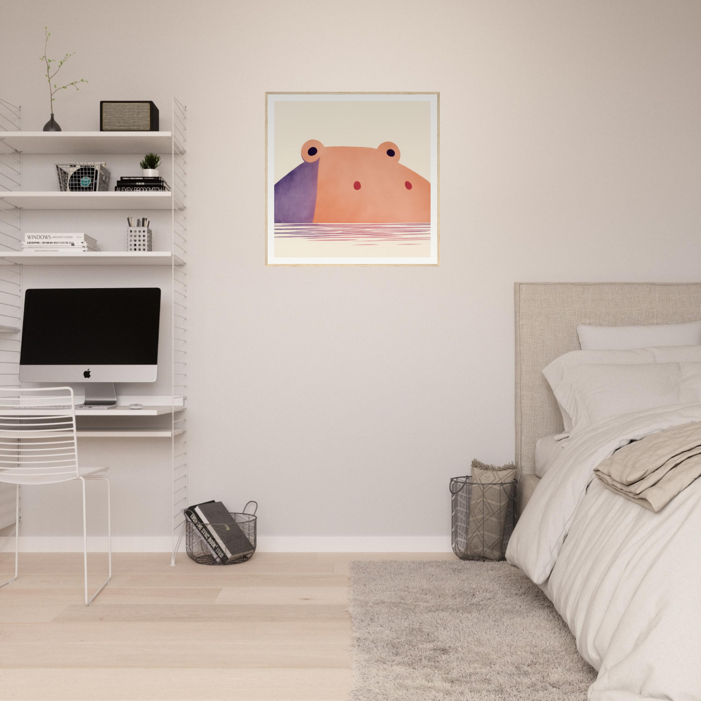 Minimalist bedroom with floating shelves and iMac workstation, perfect for nursery decor