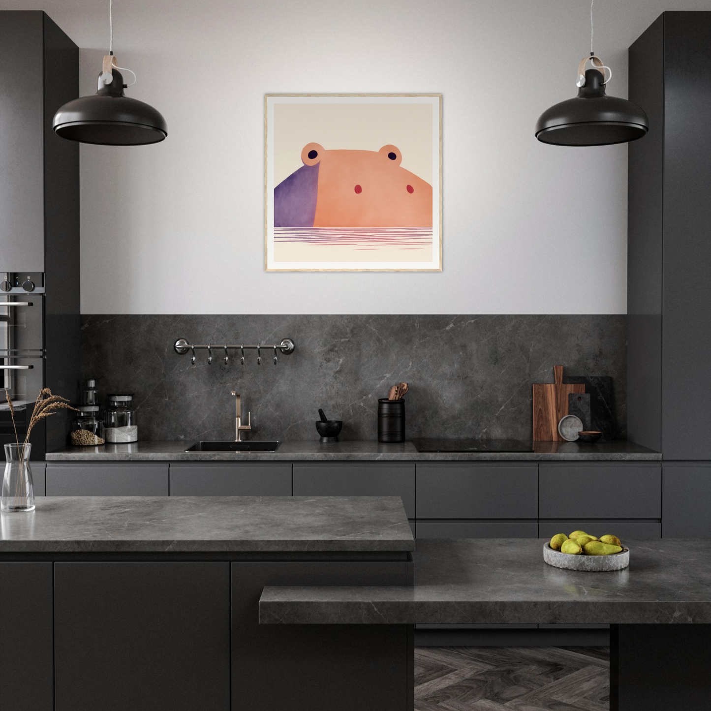 Modern black kitchen with industrial lights and minimalist nursery wall art for product184