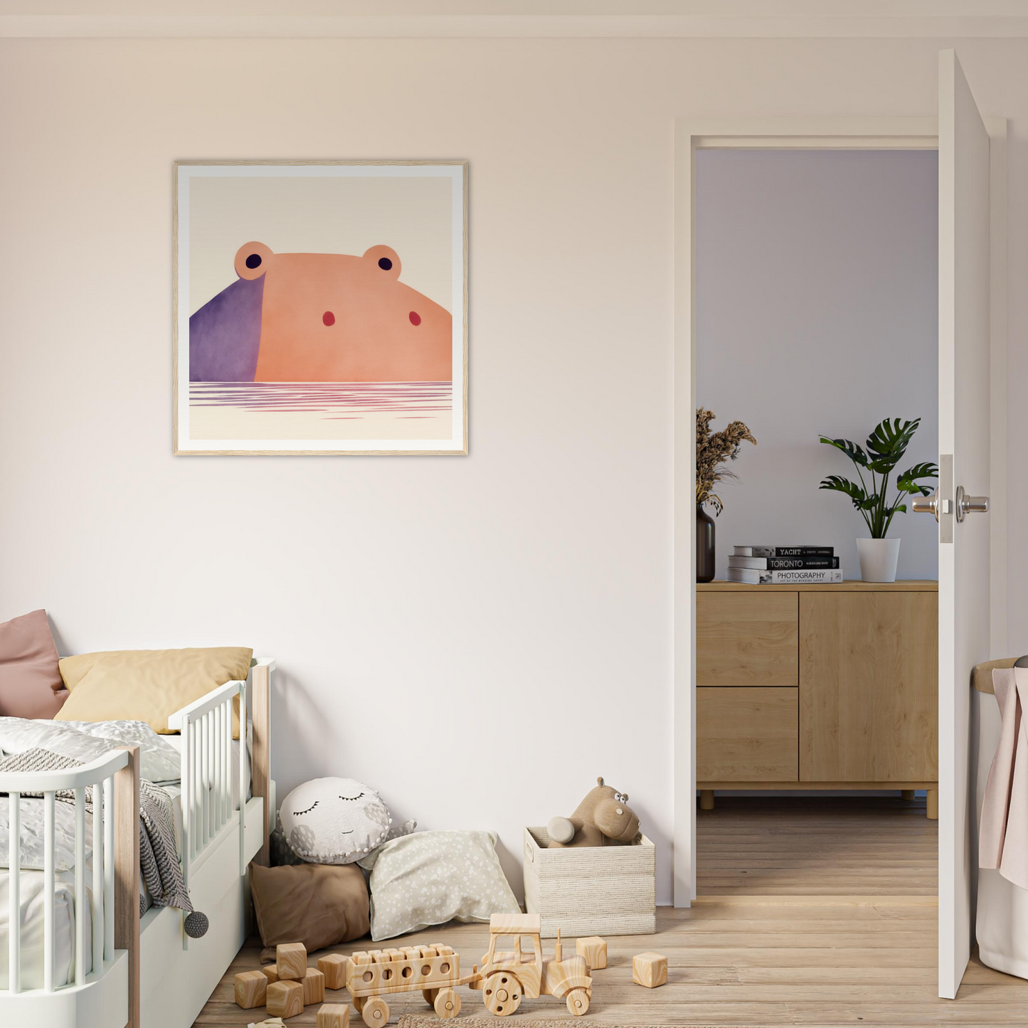 Whimsical hippo illustration in pink-orange tones for cute nursery wall art