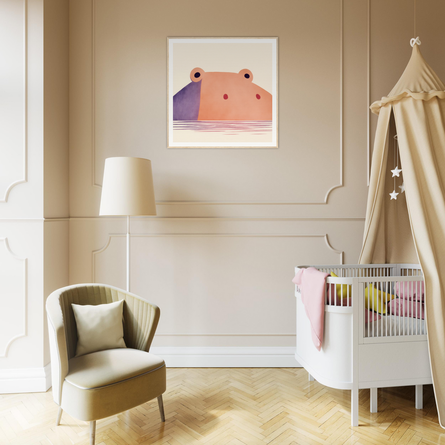 Modern nursery with white crib, beige canopy, and cute hippo nursery wall art