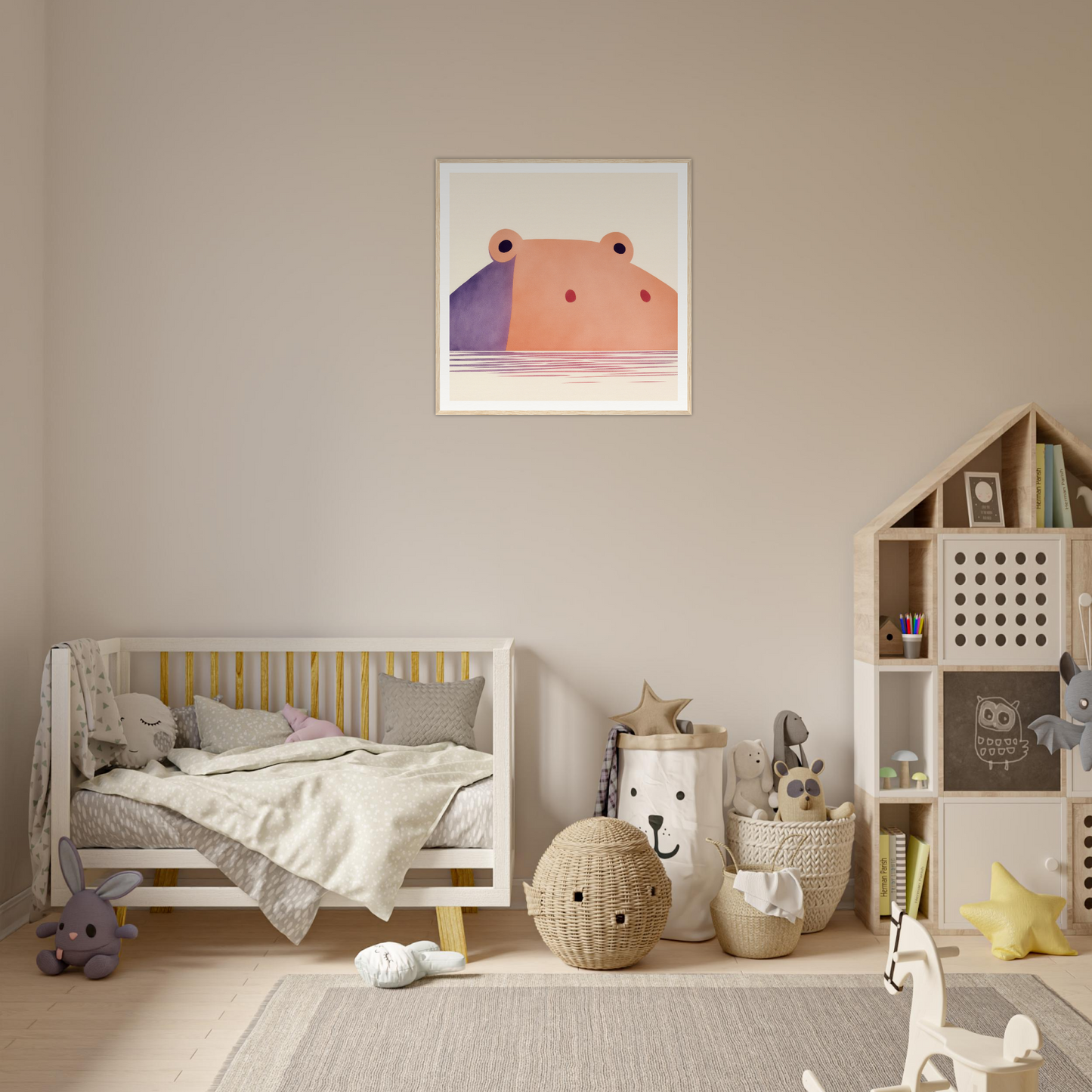 Cozy nursery with a wooden crib, woven baskets, and cute nursery wall art