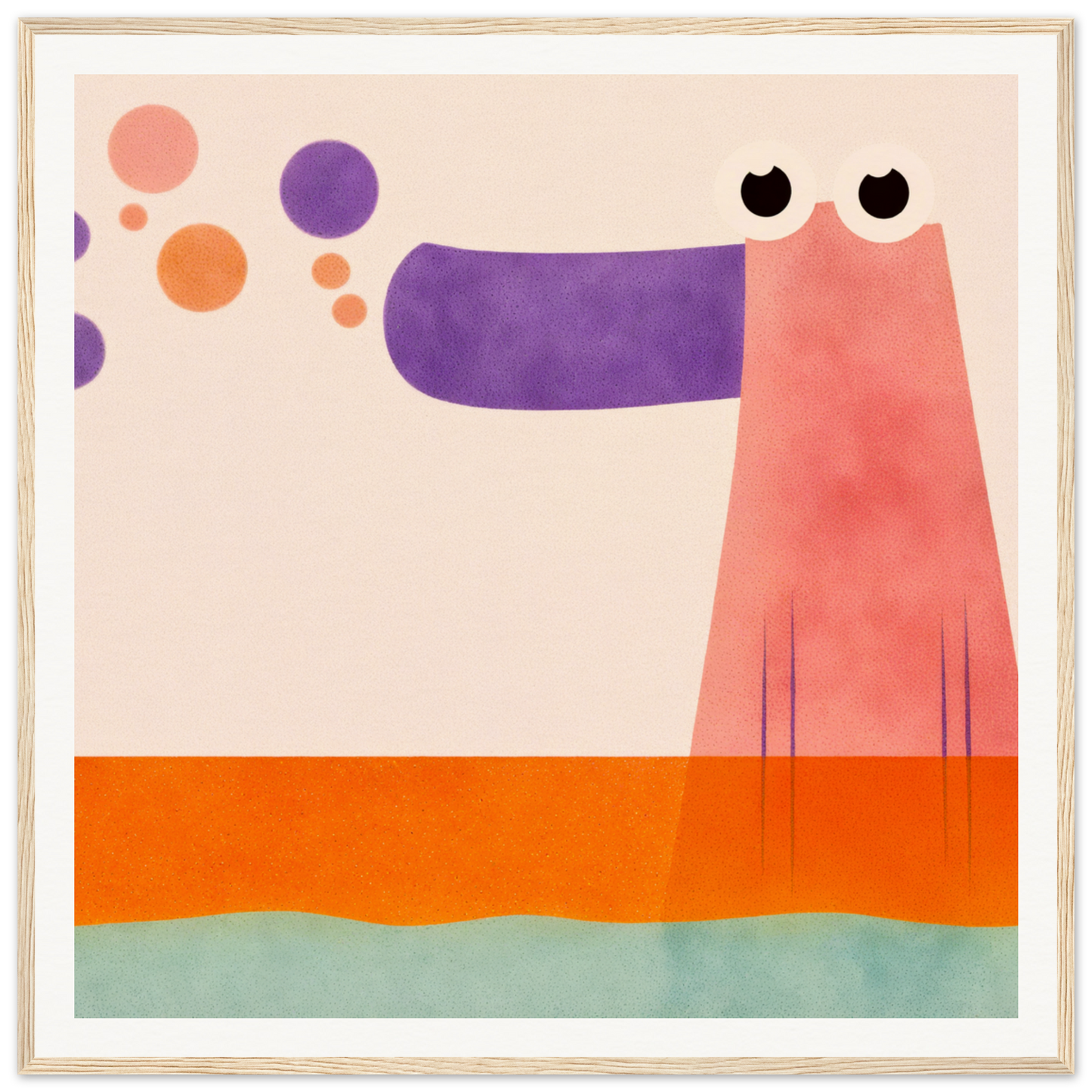 Pink dog with a purple nose and black eyes, perfect for nursery wall art decor