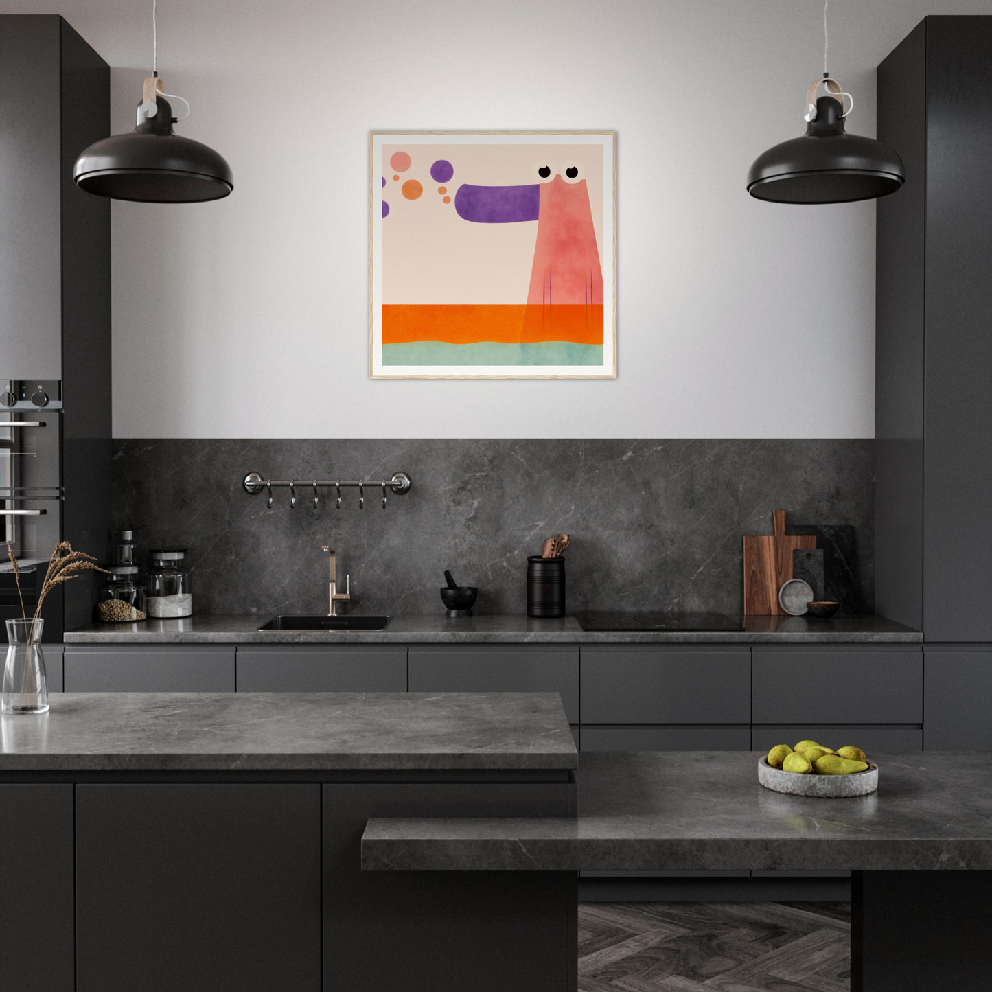 Modern dark kitchen with matte black cabinets and colorful abstract nursery wall art