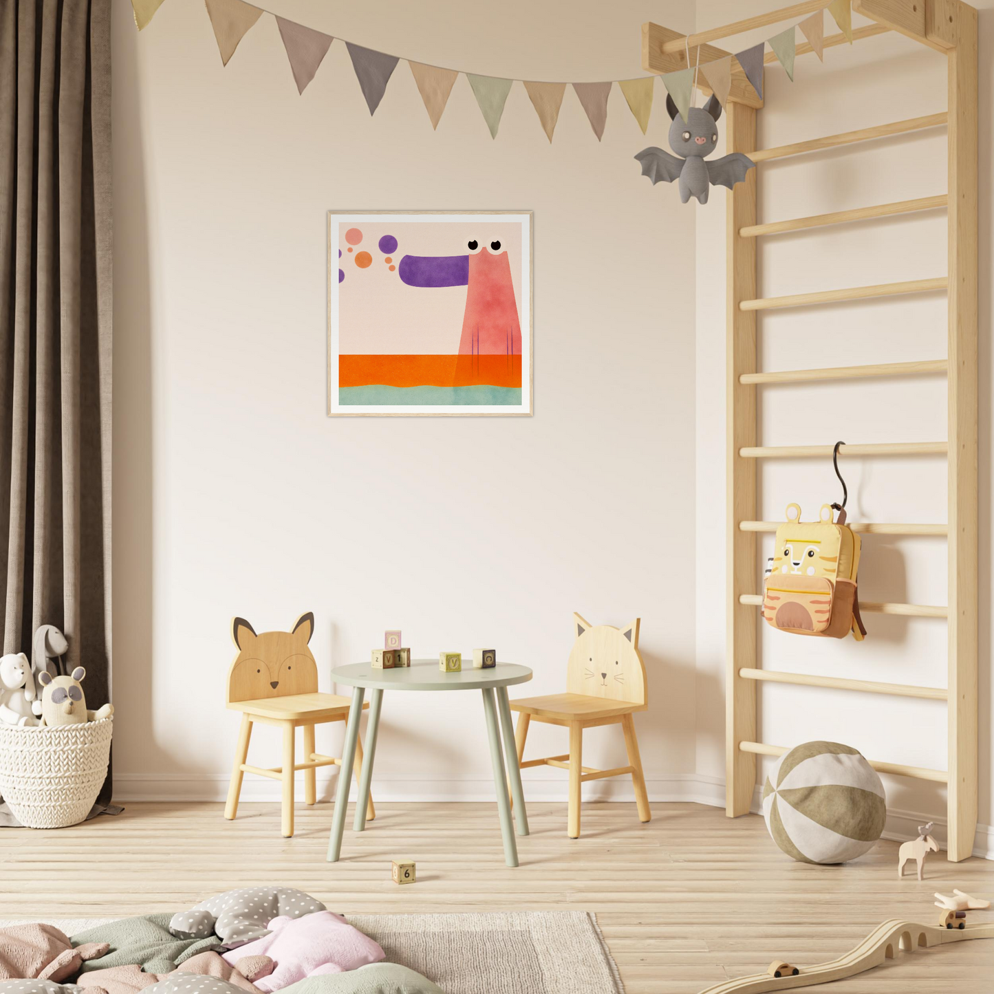Colorful children’s play area featuring animal-themed chairs and a round table for nursery decor