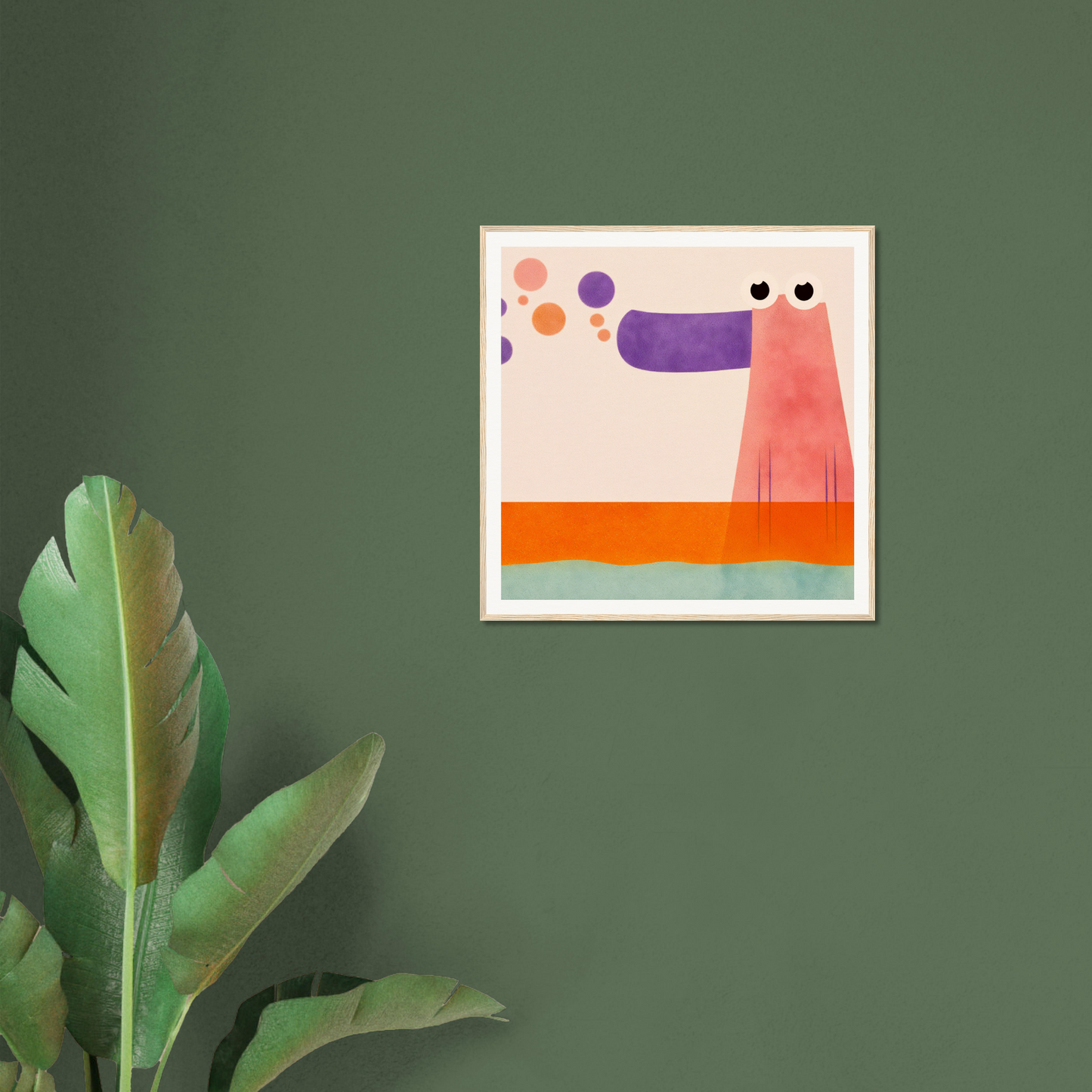 Framed abstract nursery wall art with a pink dog figure and orange stripe