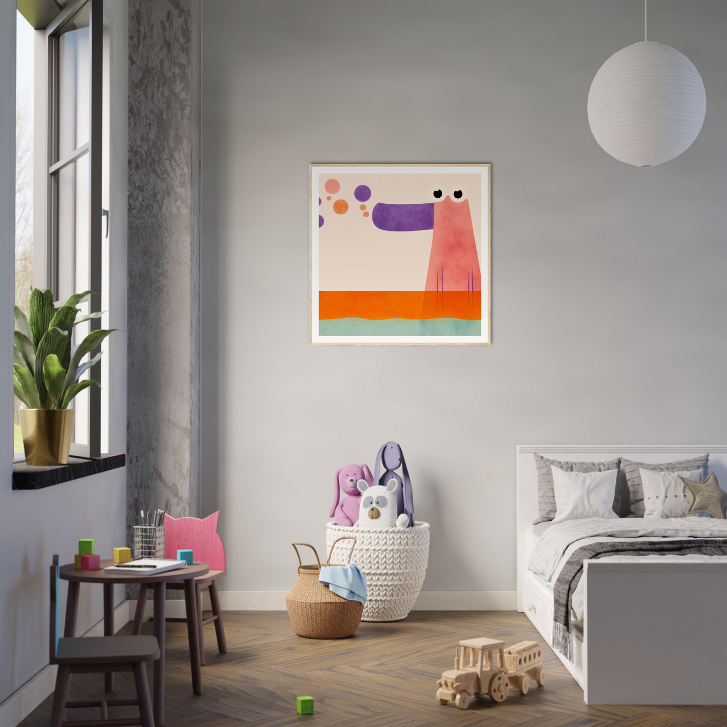 Modern bedroom featuring minimalist nursery wall art with orange and pink geometric shapes
