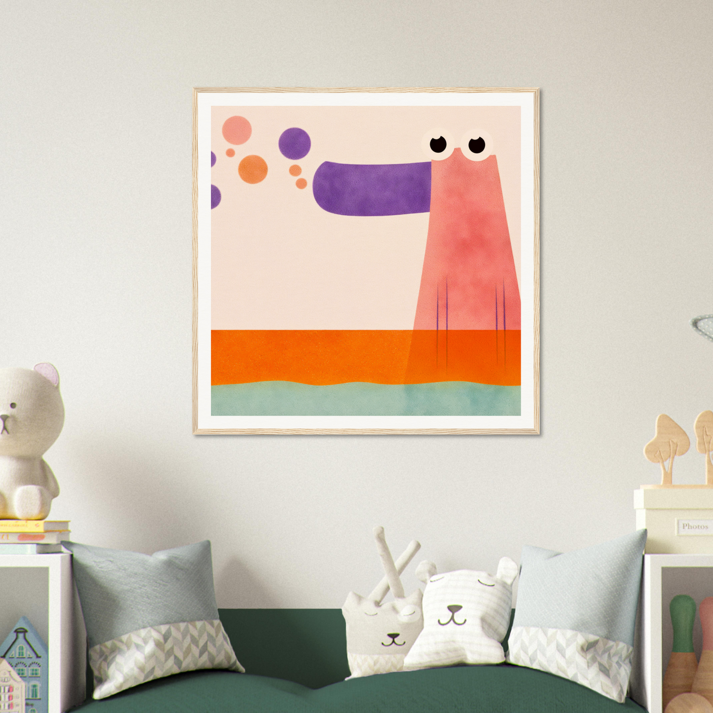 Whimsical abstract nursery wall art featuring a pink creature with colorful dots