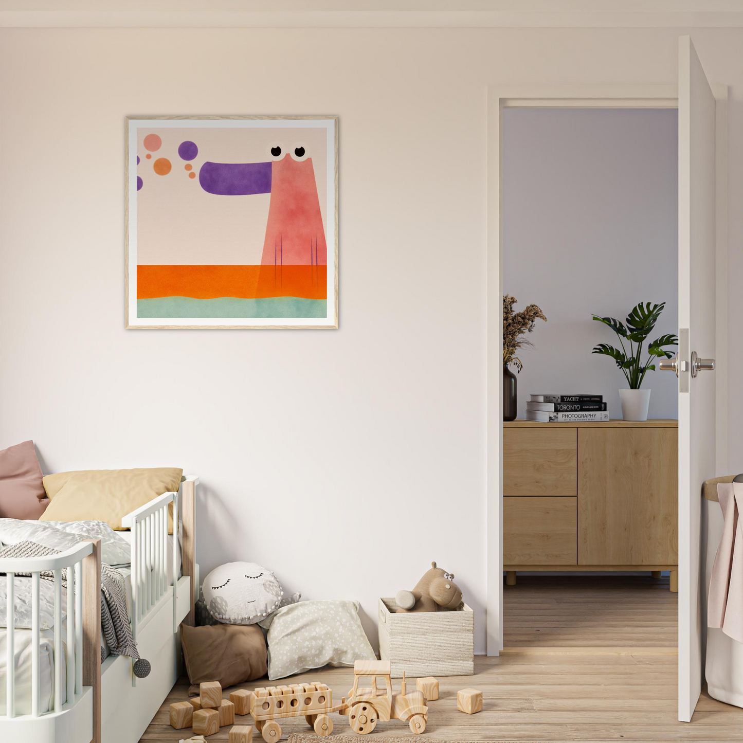 Colorful abstract nursery wall art print with whimsical figure and floating circles