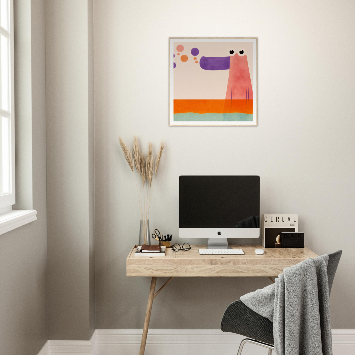 IMac computer on wooden desk, perfect for creating stunning nursery wall art and decor