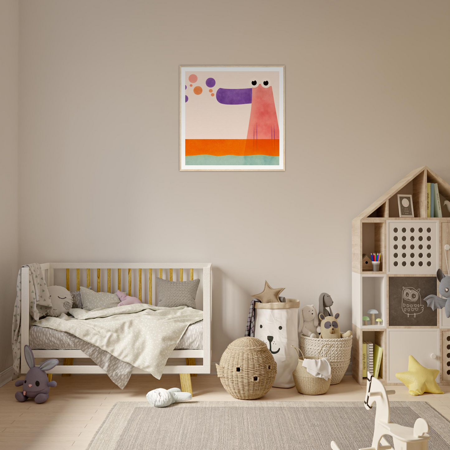 Wooden crib with gray bedding and yellow accents for stylish nursery decor in Product186