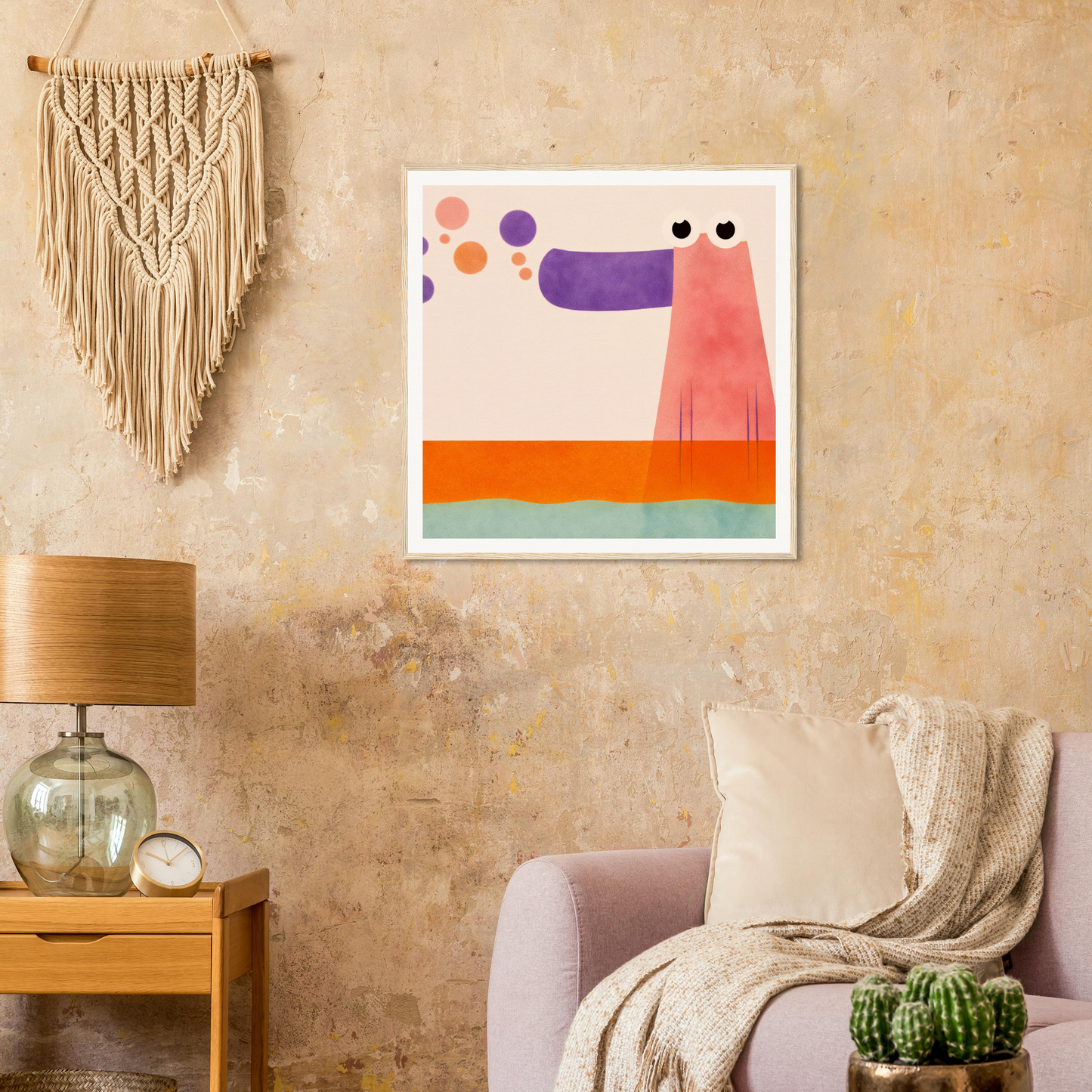 Whimsical pink dog with colorful circles, perfect for nursery wall art or decor