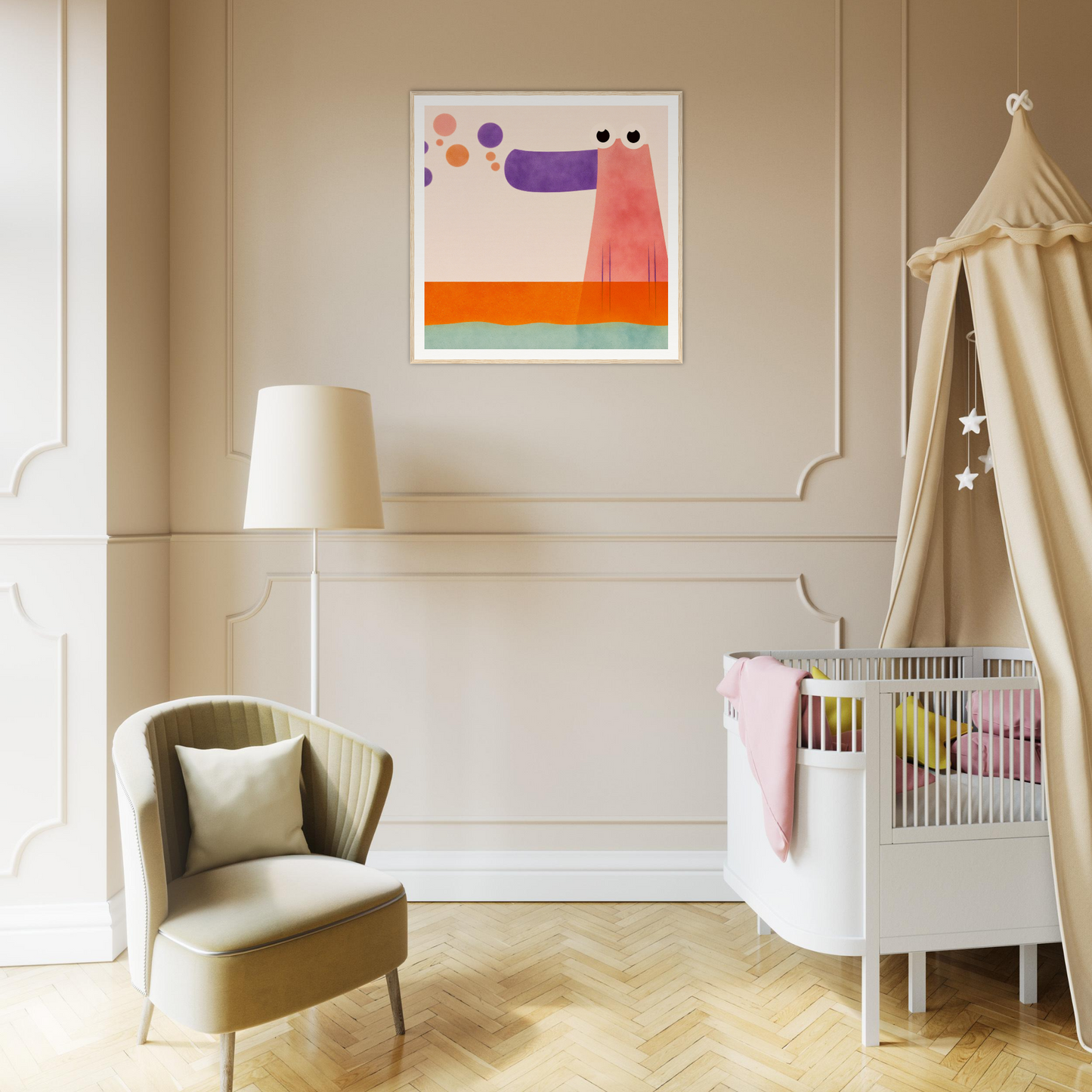 Modern nursery decor featuring a white crib, beige canopy, and stylish nursery wall art