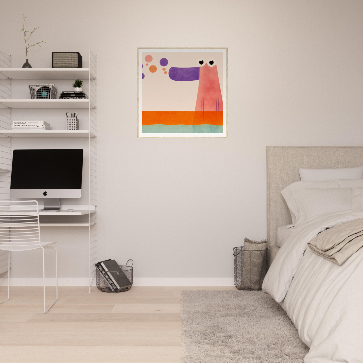 Modern bedroom with minimalist shelving, iMac, and colorful nursery wall art