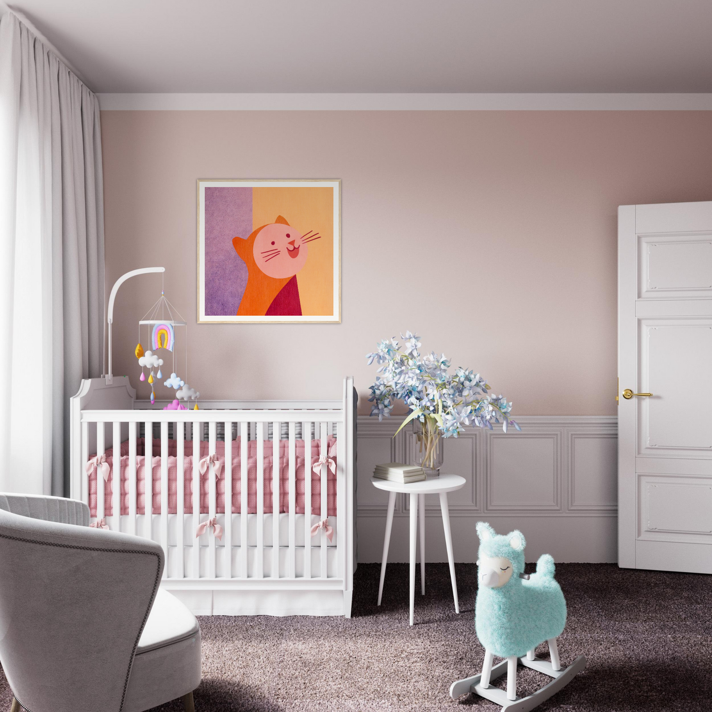 White wooden crib with pink bedding perfect for nursery decor and framed poster vibes