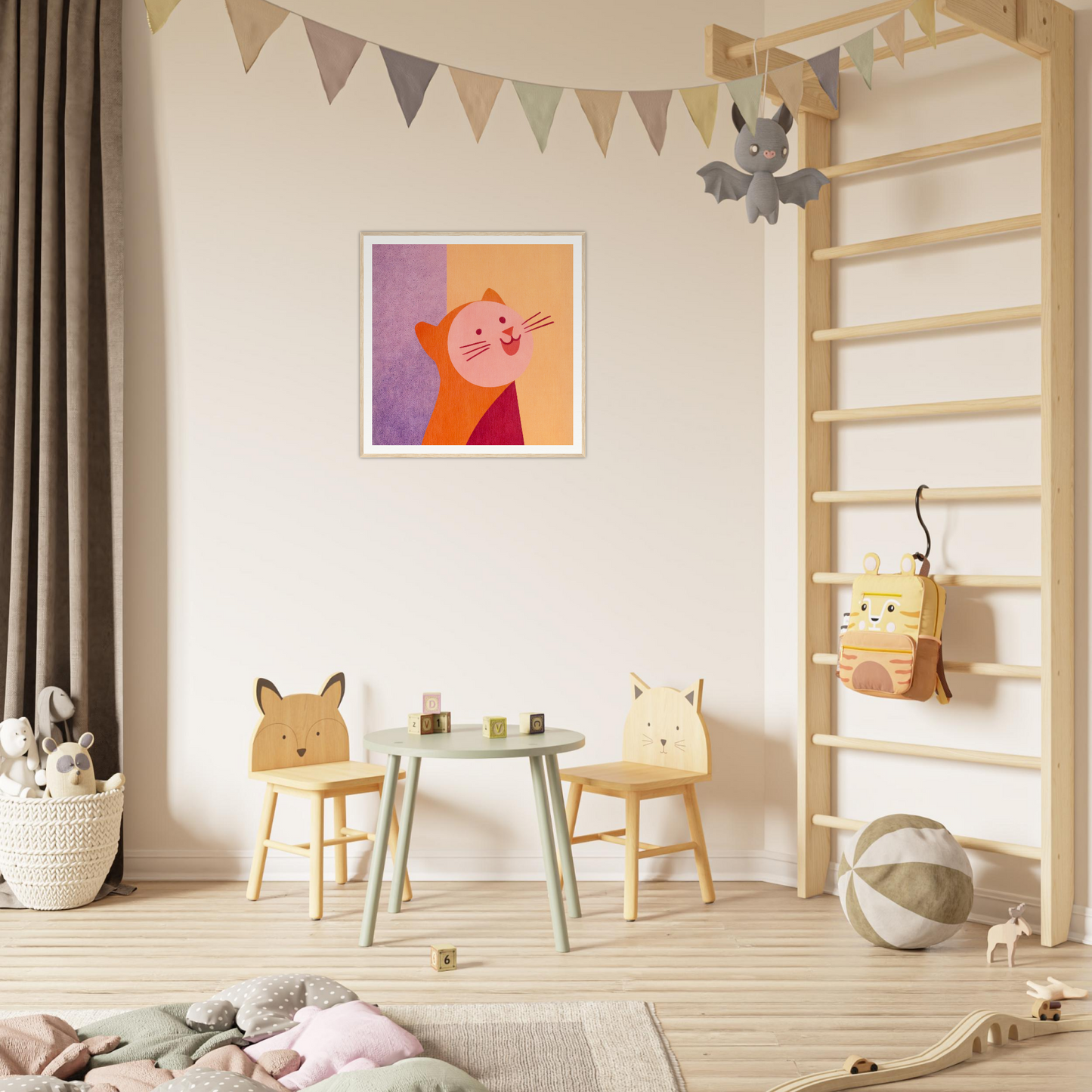 Kids’ play area with animal chairs, perfect for nursery decor or themed framed poster
