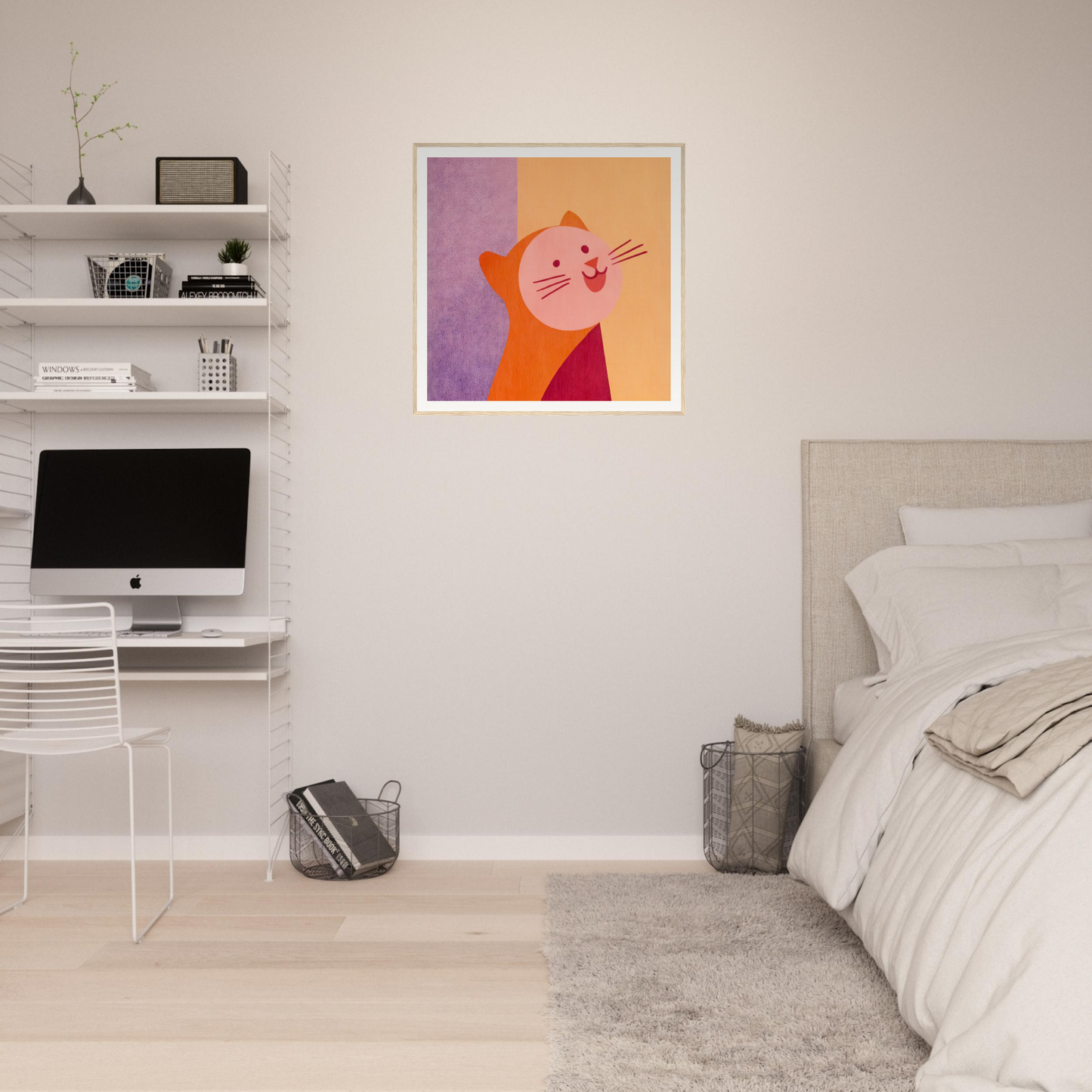 Minimalist bedroom featuring white walls and colorful nursery wall art on floating shelves