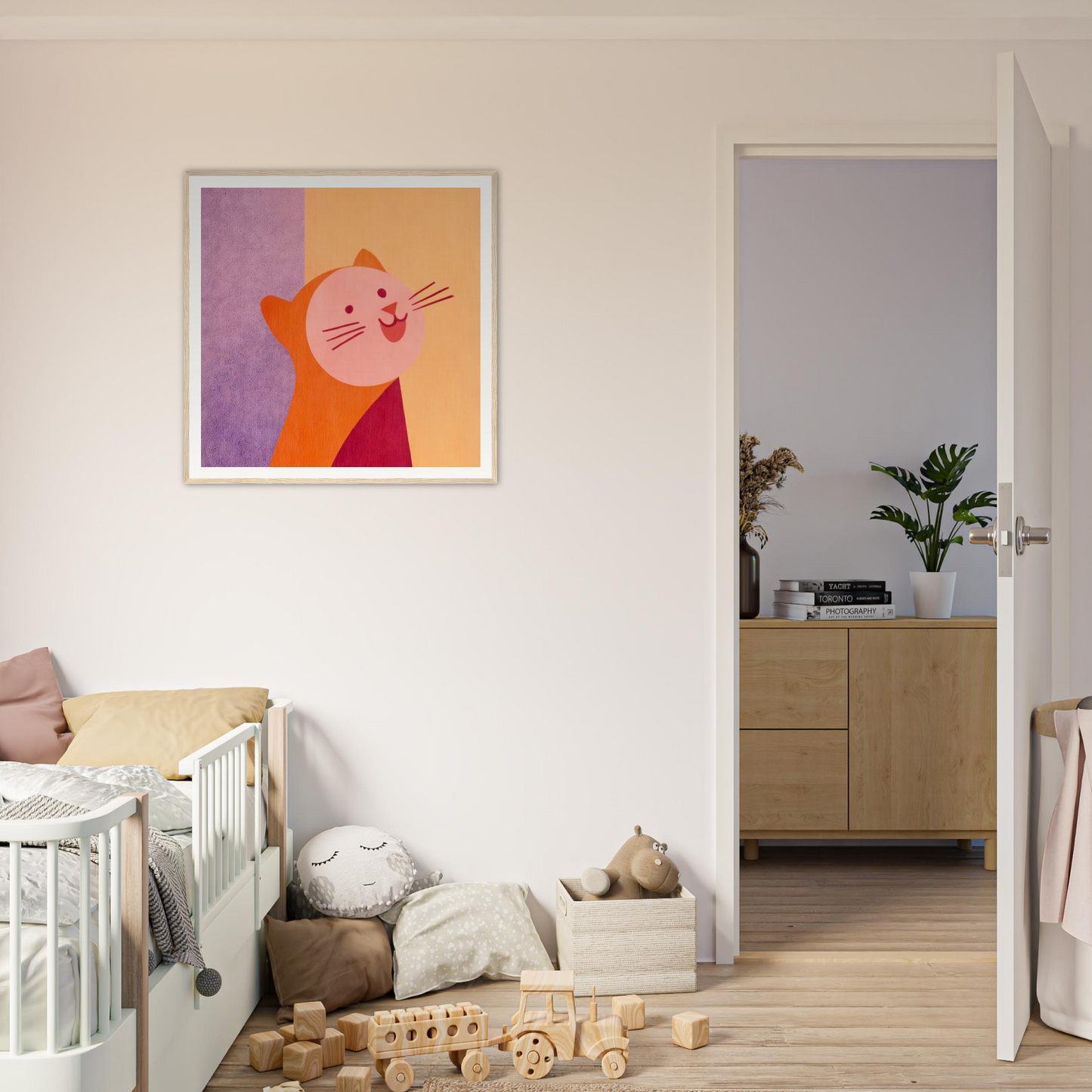 Framed poster of a smiling orange cat in purple, perfect for nursery wall art