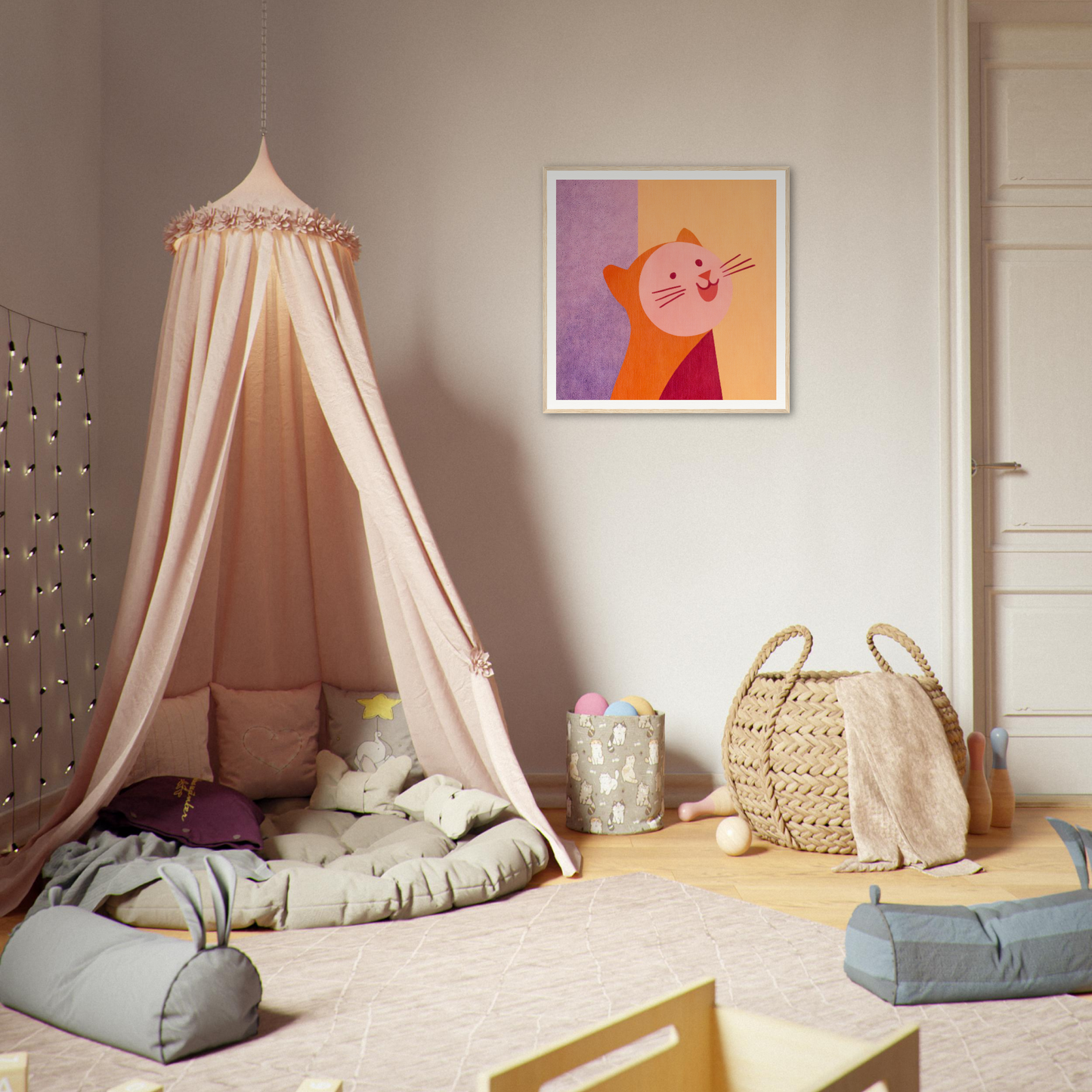 Peach-colored canopy tent draped from ceiling, perfect for nursery decor or wall art