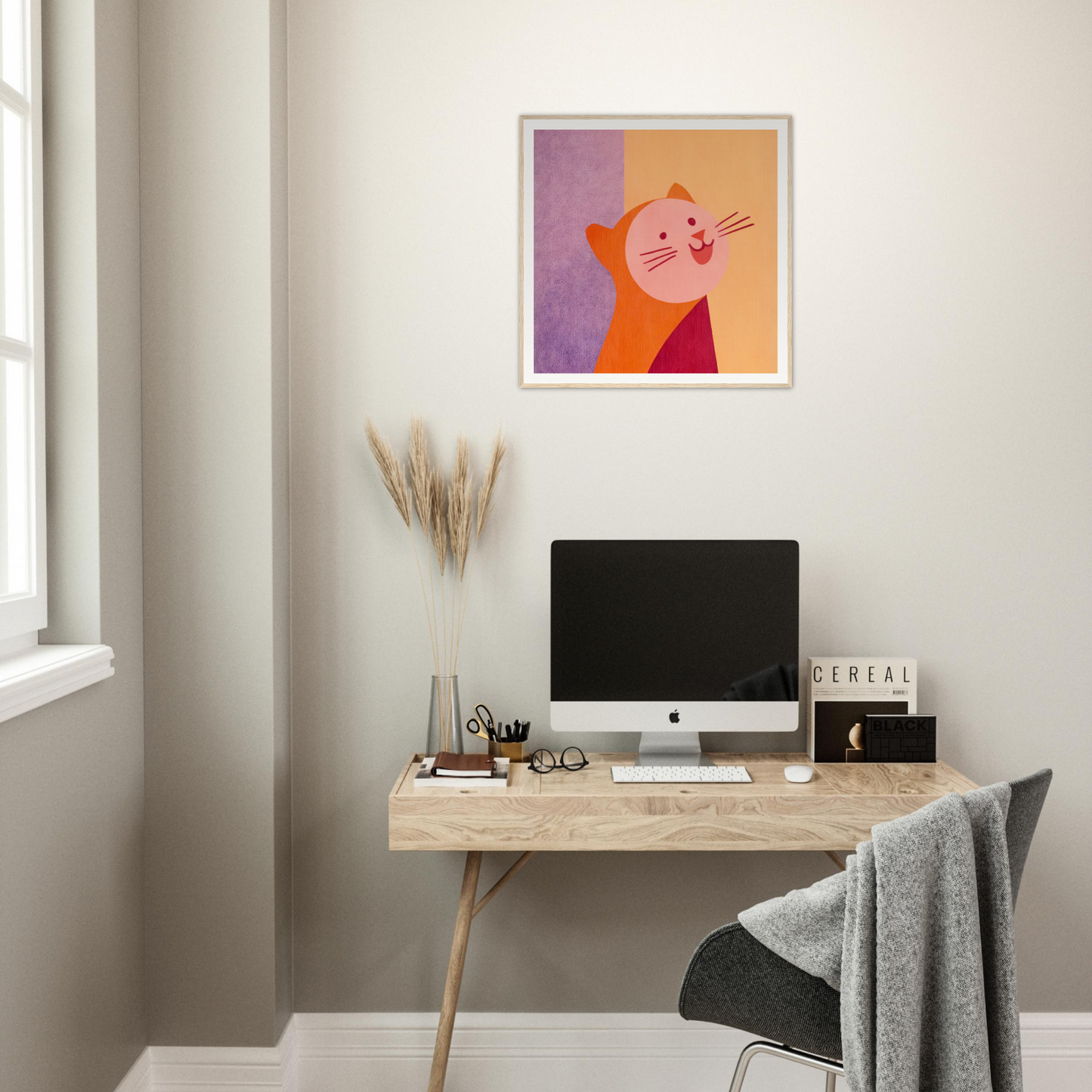 Minimalist wooden desk with iMac and stylish nursery wall art above Product189