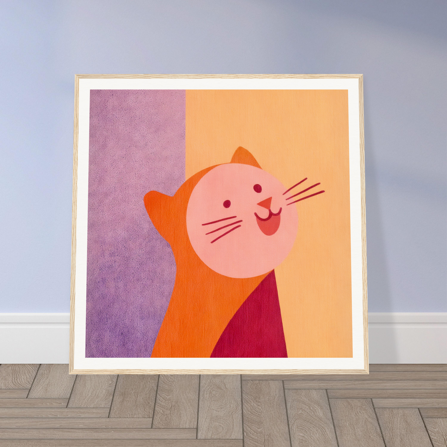 Cheerful orange and pink cartoon cat, perfect for nursery wall art or decor