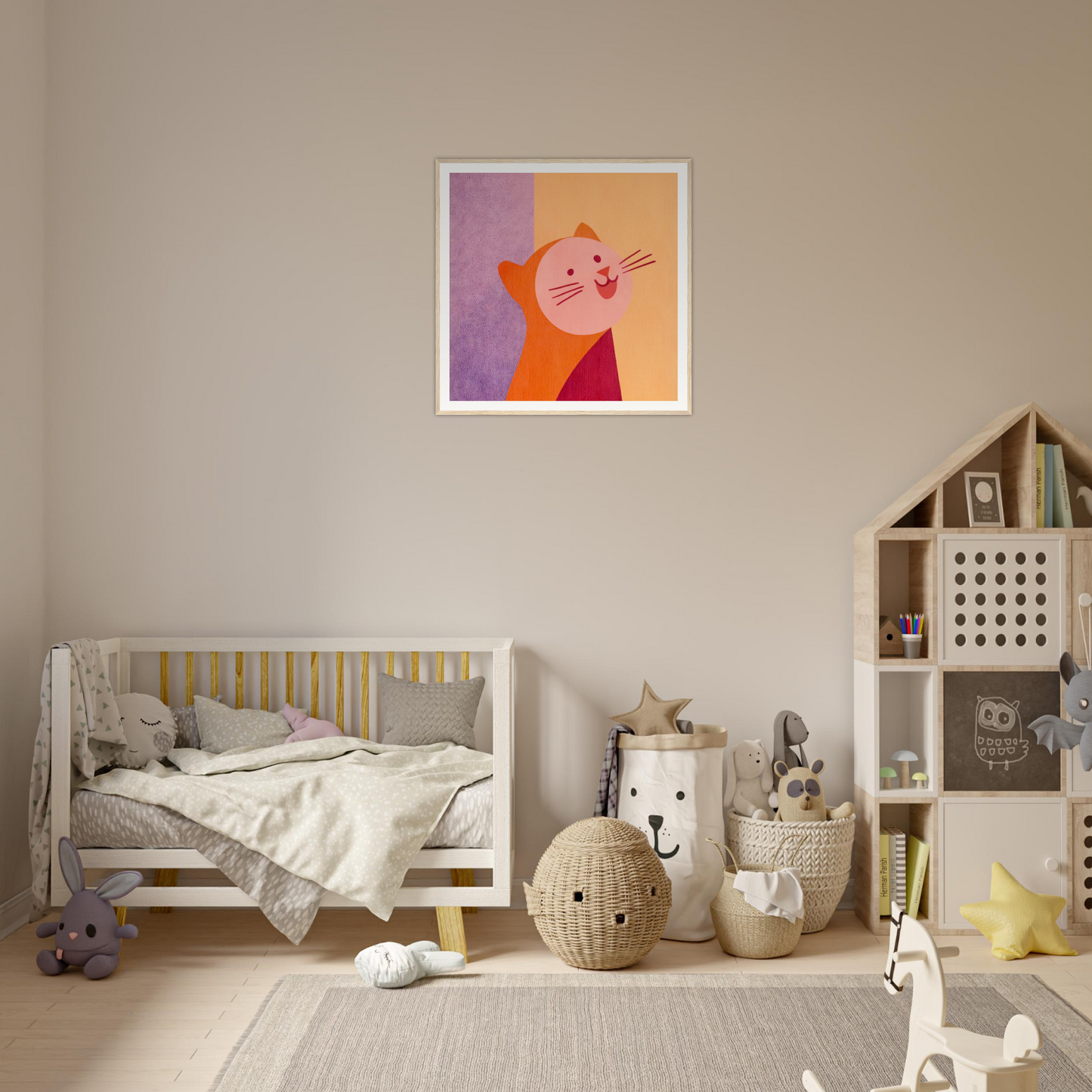 Cozy nursery with wooden crib, neutral decor, and fun nursery wall art