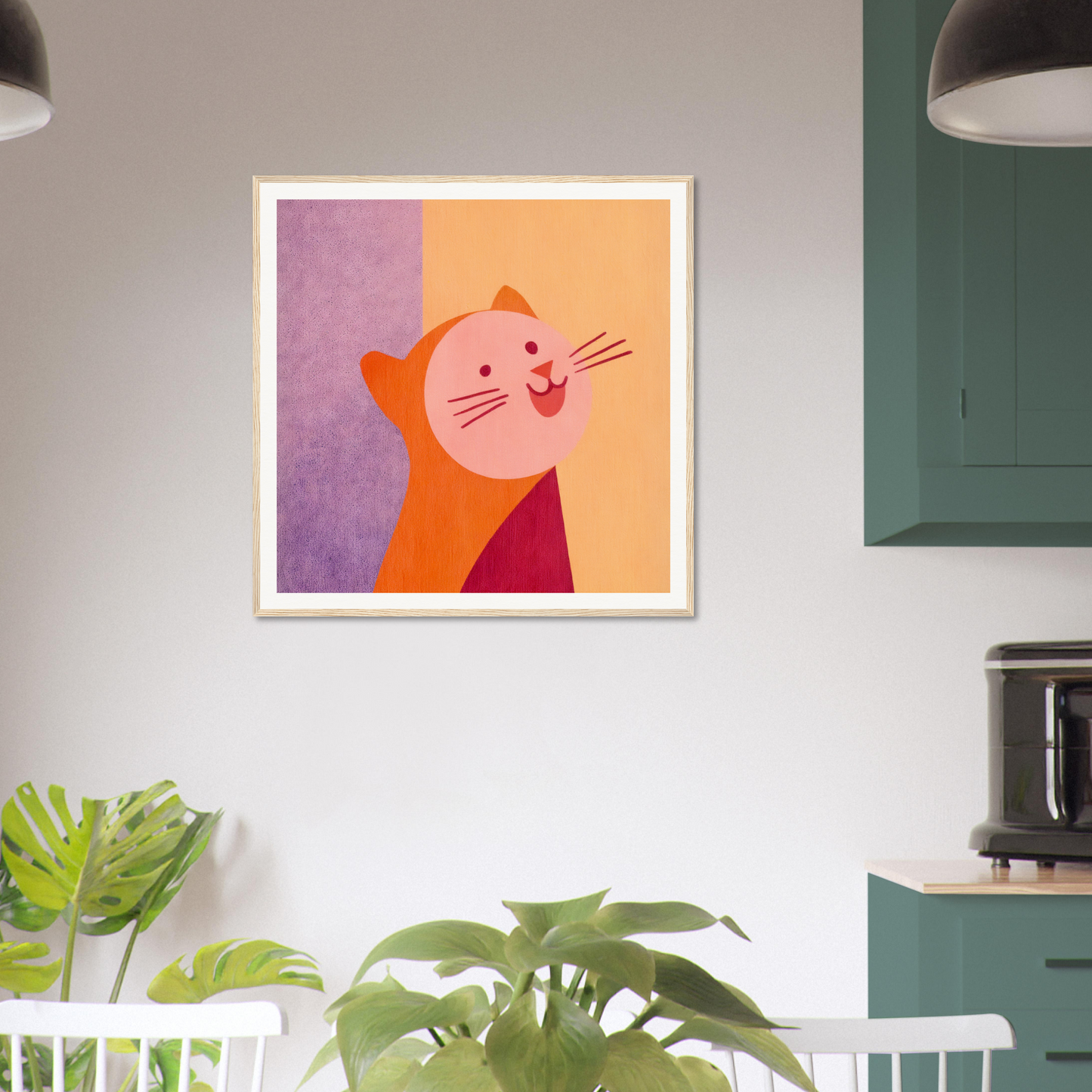 Framed poster of a smiling cartoon cat for fun nursery wall art and decor