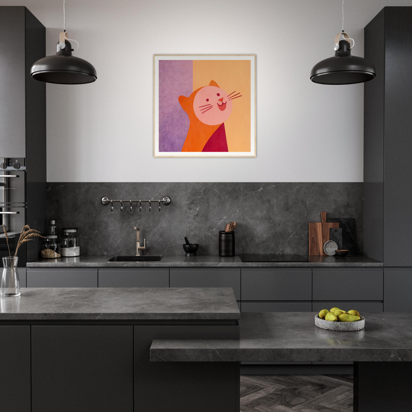 Modern dark kitchen featuring framed poster of colorful abstract nursery wall art