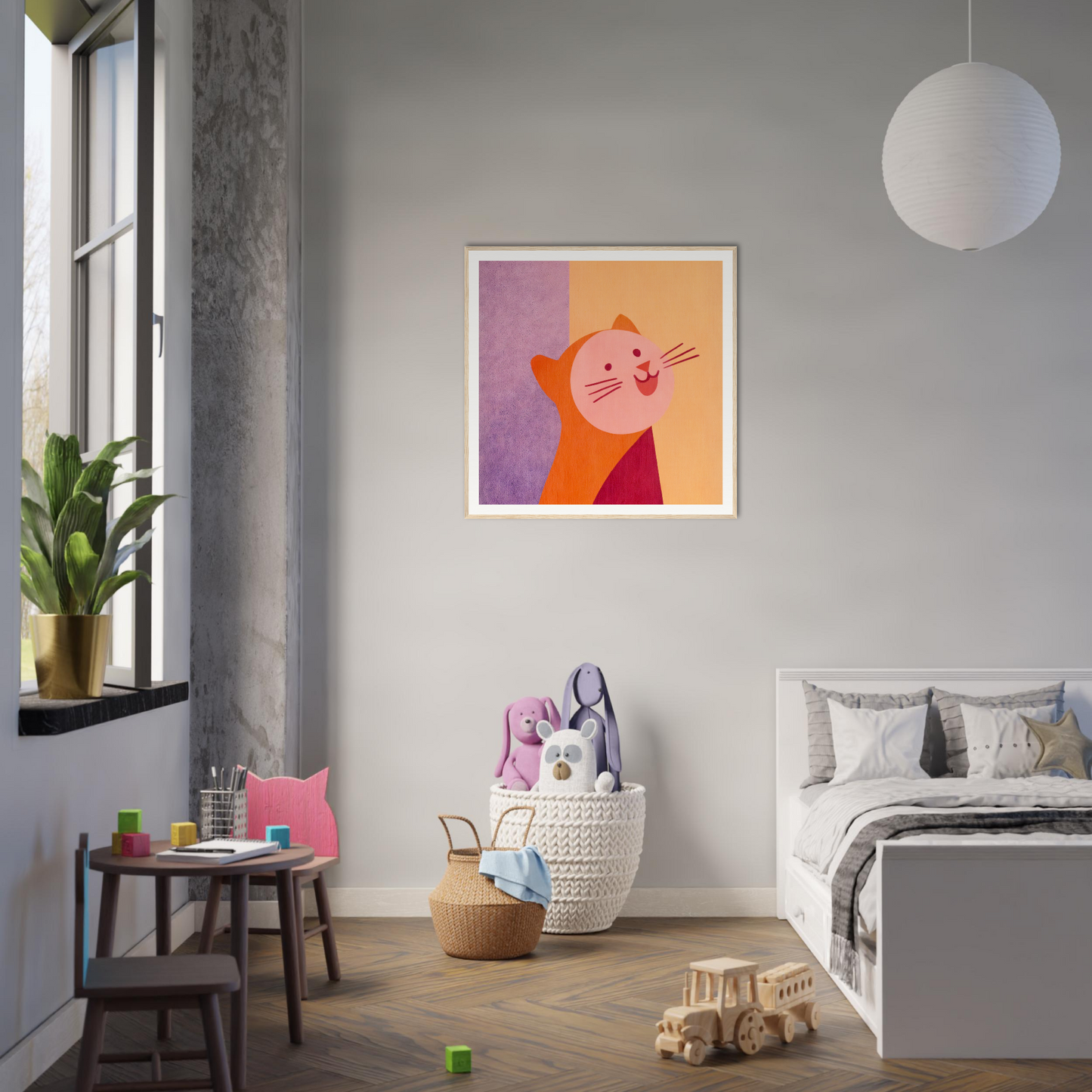 Colorful cartoon orange cat illustration perfect for nursery wall art or decor