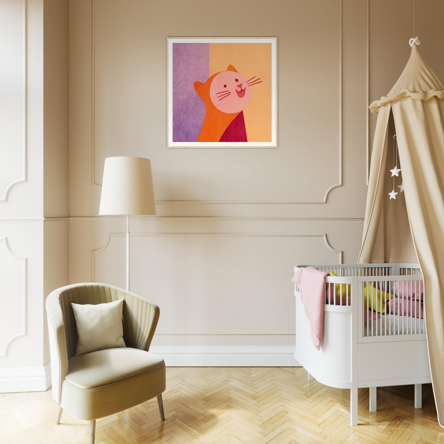 Cozy nursery decor with whimsical framed poster, armchair, and canopy crib