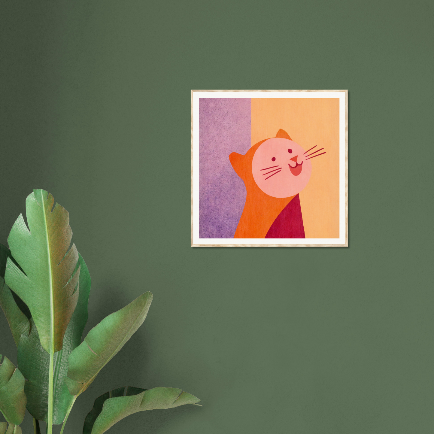 Framed artwork featuring a smiling orange cat, perfect for nursery wall art and decor